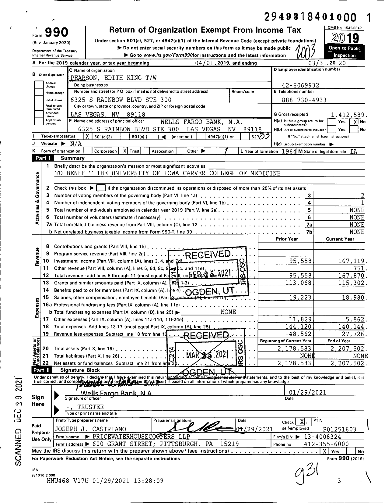 Image of first page of 2019 Form 990 for Pearson Edith King TW