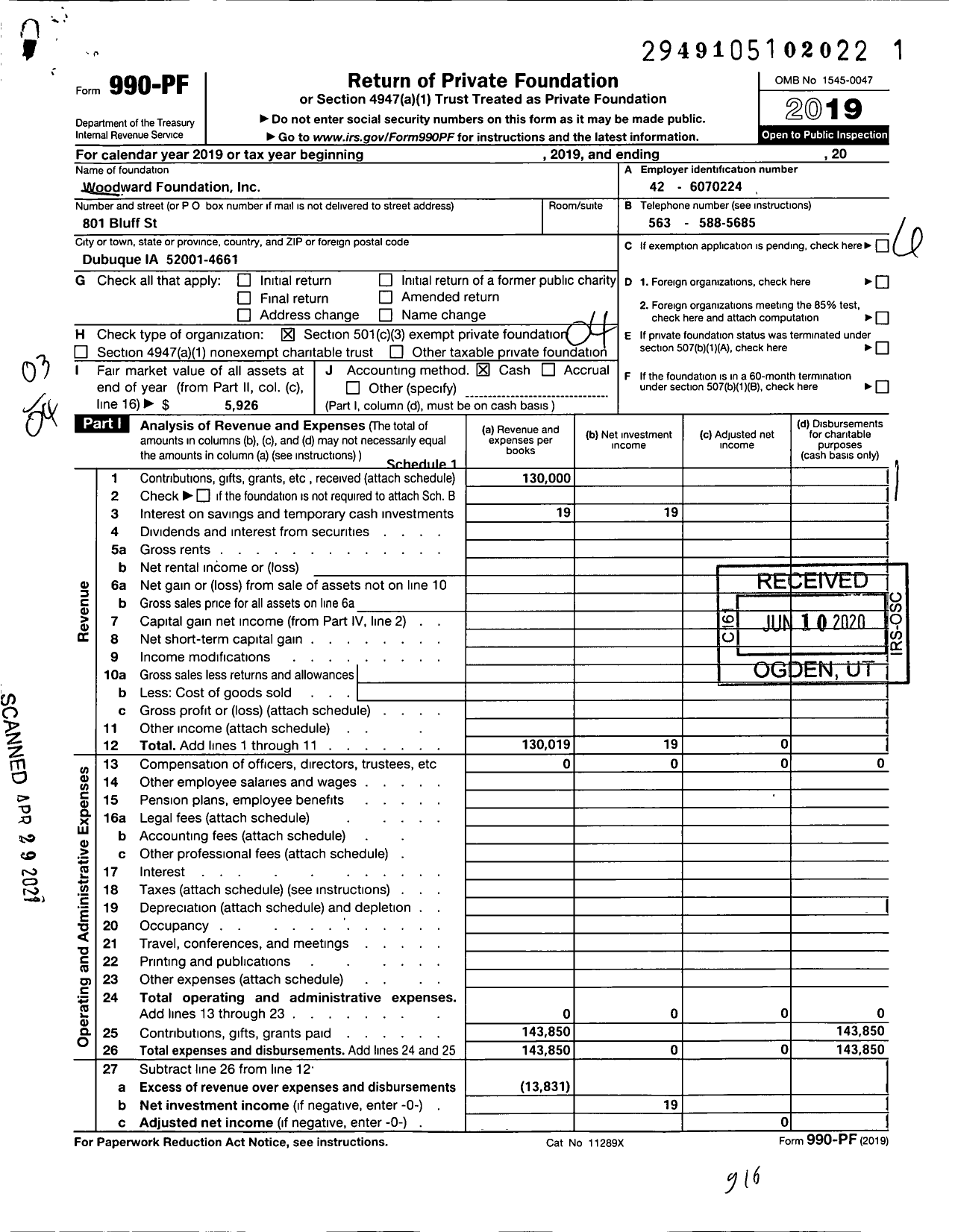 Image of first page of 2019 Form 990PF for Woodward Foundation