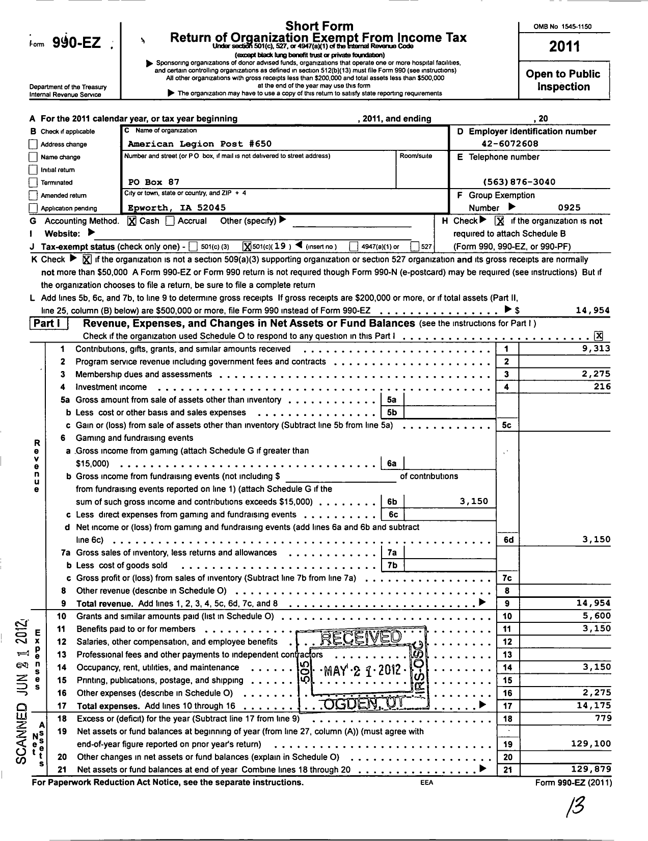 Image of first page of 2011 Form 990EO for American Legion - Post 0650 John White