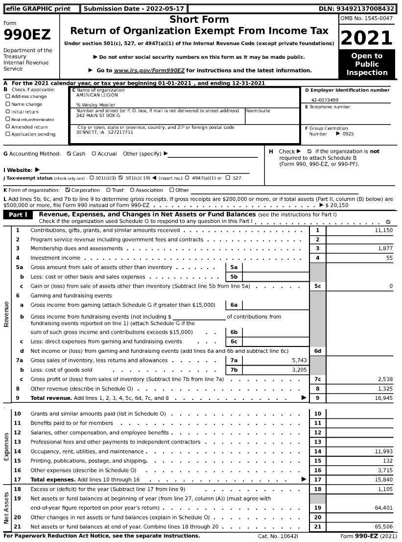Image of first page of 2021 Form 990EZ for American Legion - 104 Rixe-Lausen