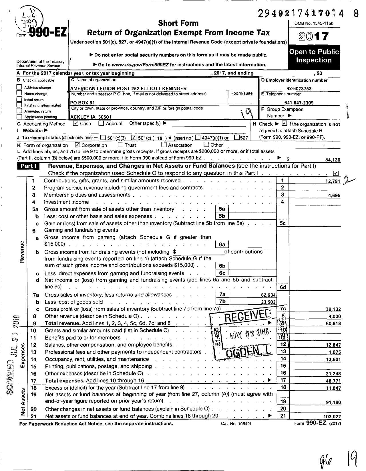 Image of first page of 2017 Form 990EO for American Legion Post 252 Elliot Keninger