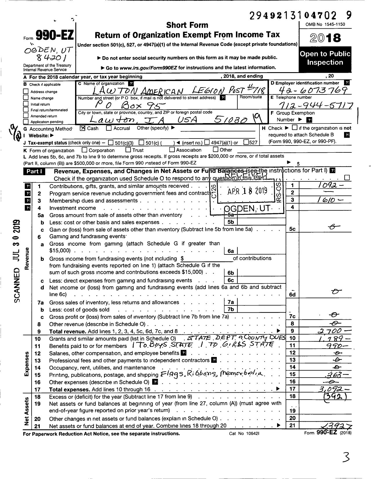 Image of first page of 2018 Form 990EO for American Legion - Post 718 Lawton