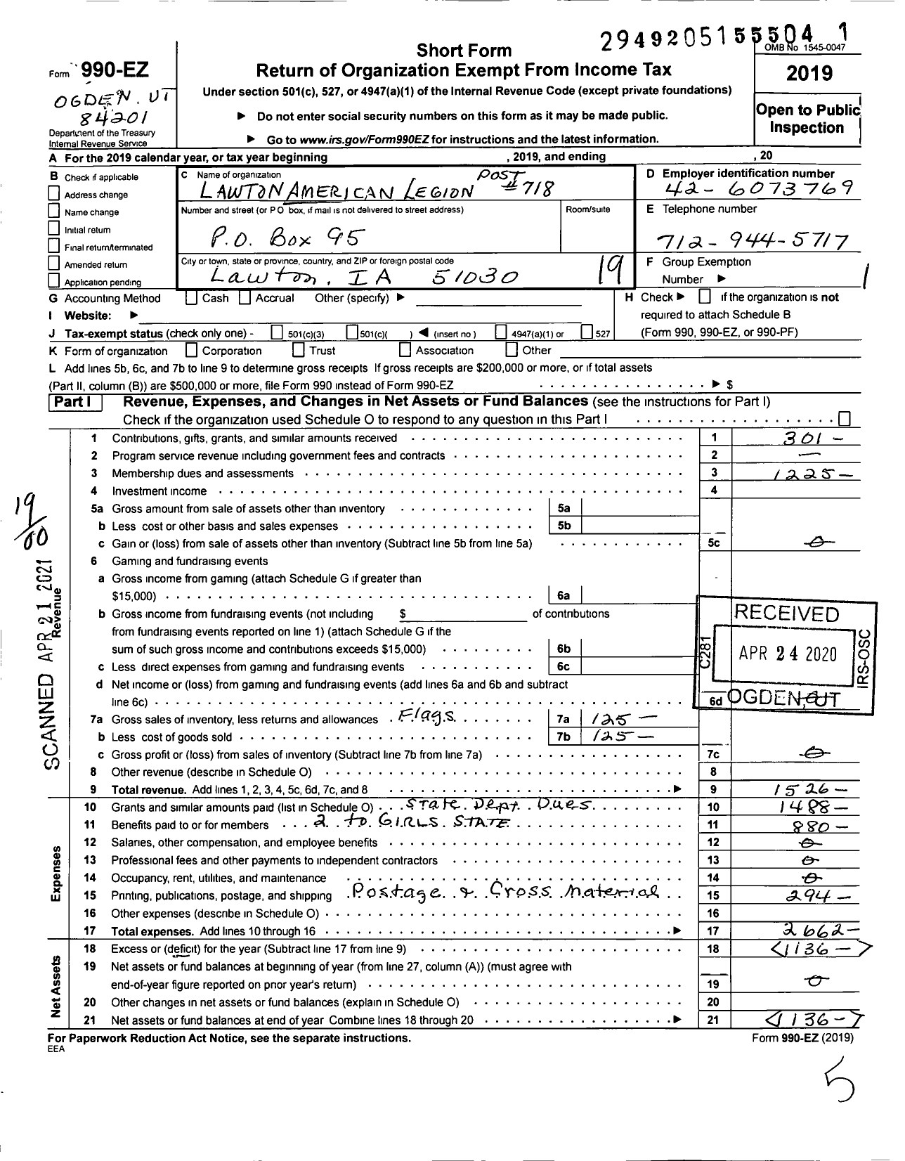 Image of first page of 2019 Form 990EO for American Legion - Post 718 Lawton