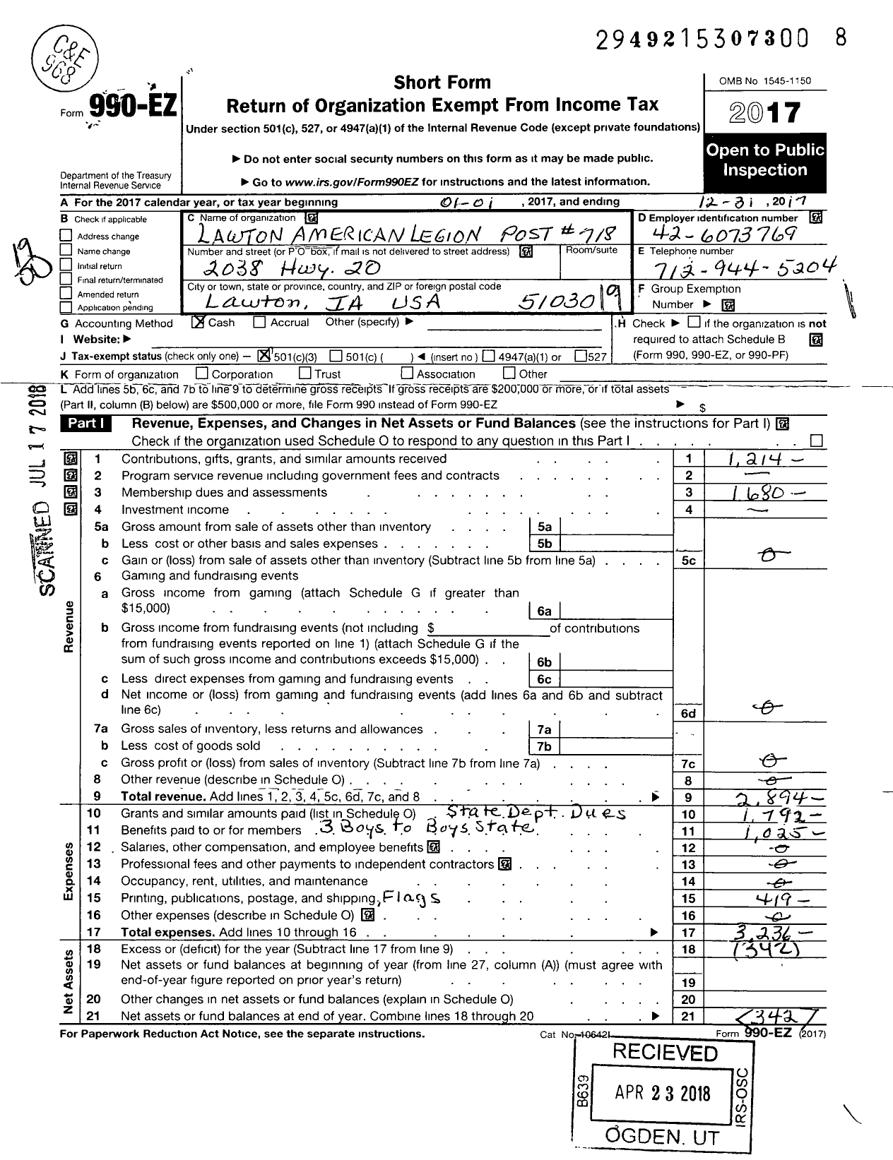 Image of first page of 2017 Form 990EO for American Legion - Post 718 Lawton