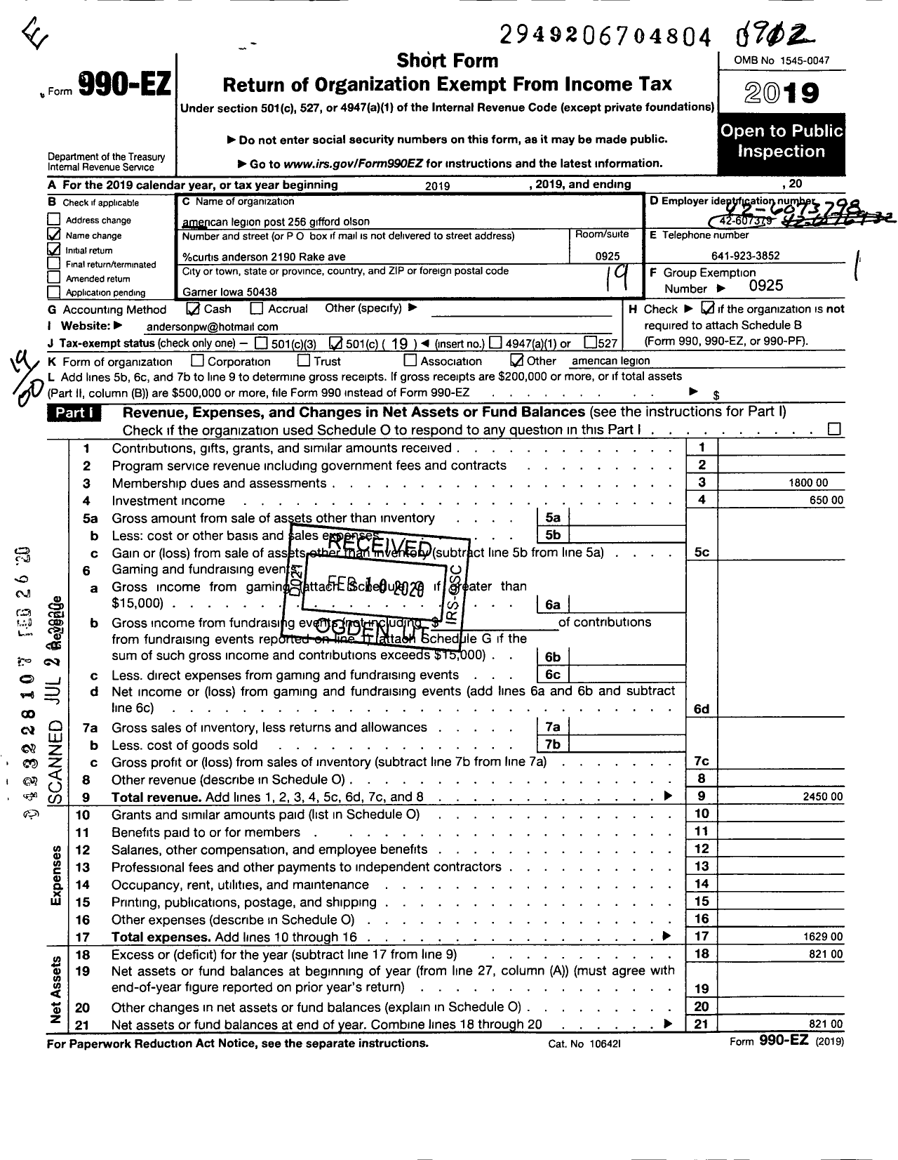 Image of first page of 2019 Form 990EO for American Legion - 0256 Gifford Olson Post