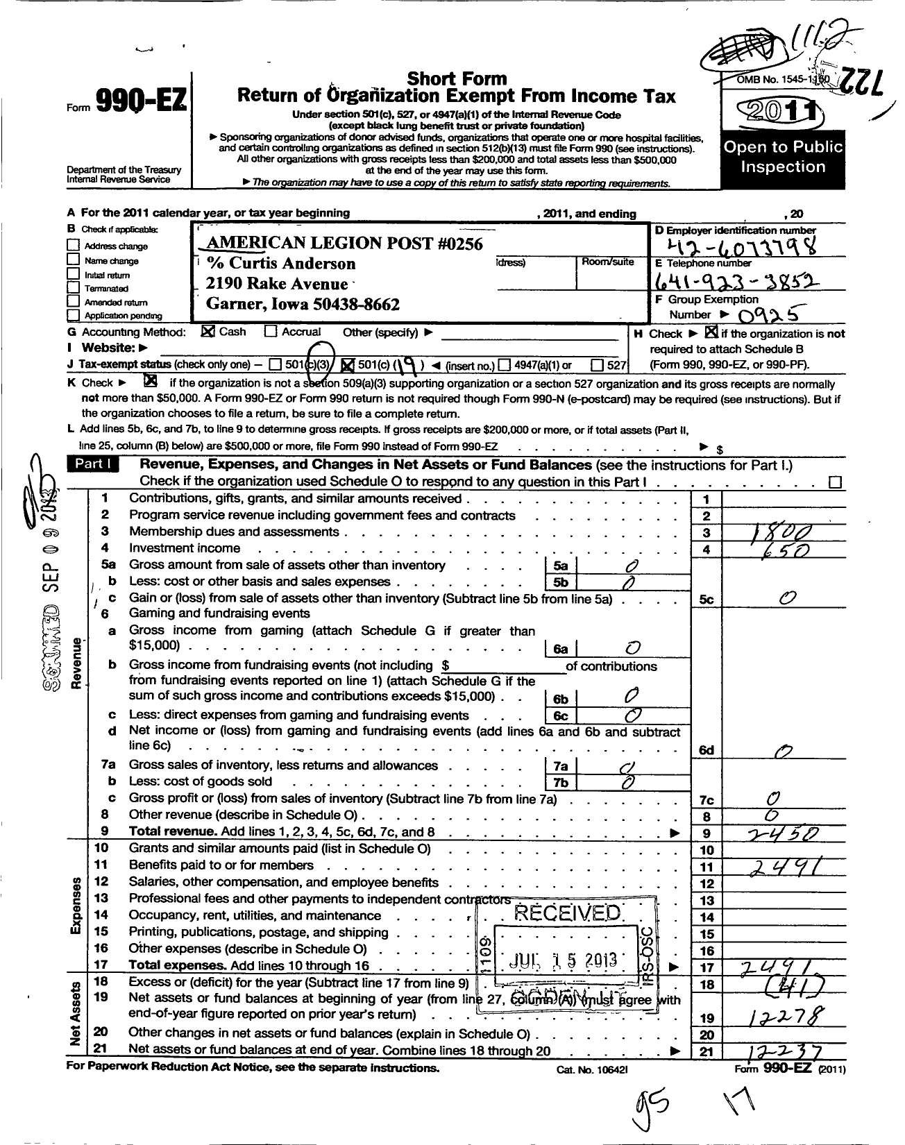 Image of first page of 2011 Form 990EO for American Legion - 0256 Gifford Olson Post