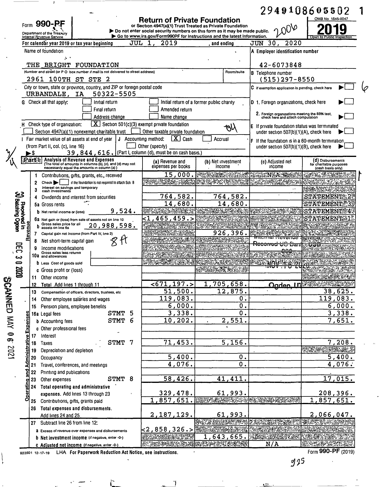 Image of first page of 2019 Form 990PF for The Bright Foundation