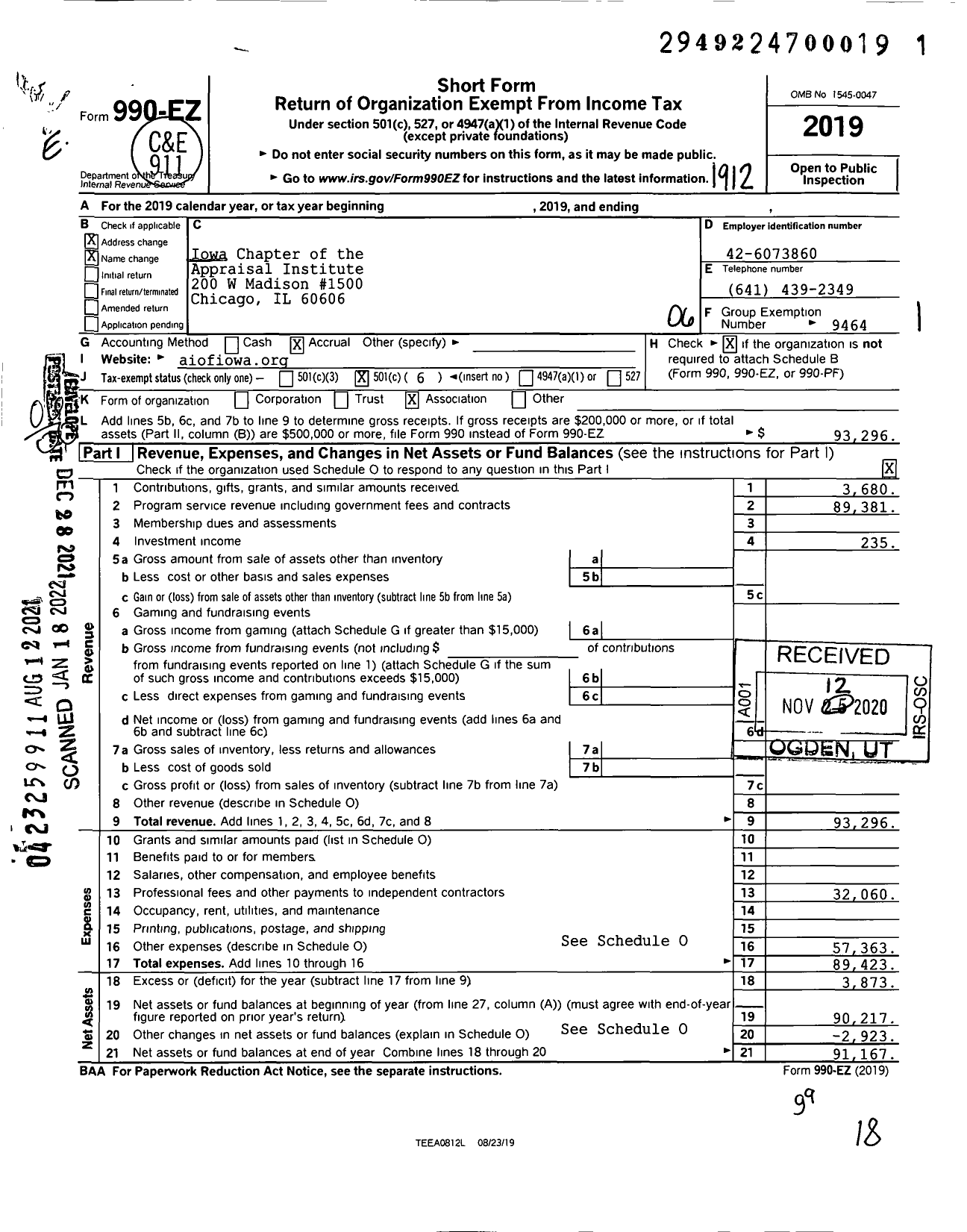 Image of first page of 2019 Form 990EO for Iowa Chapter of the Appraisal Institute