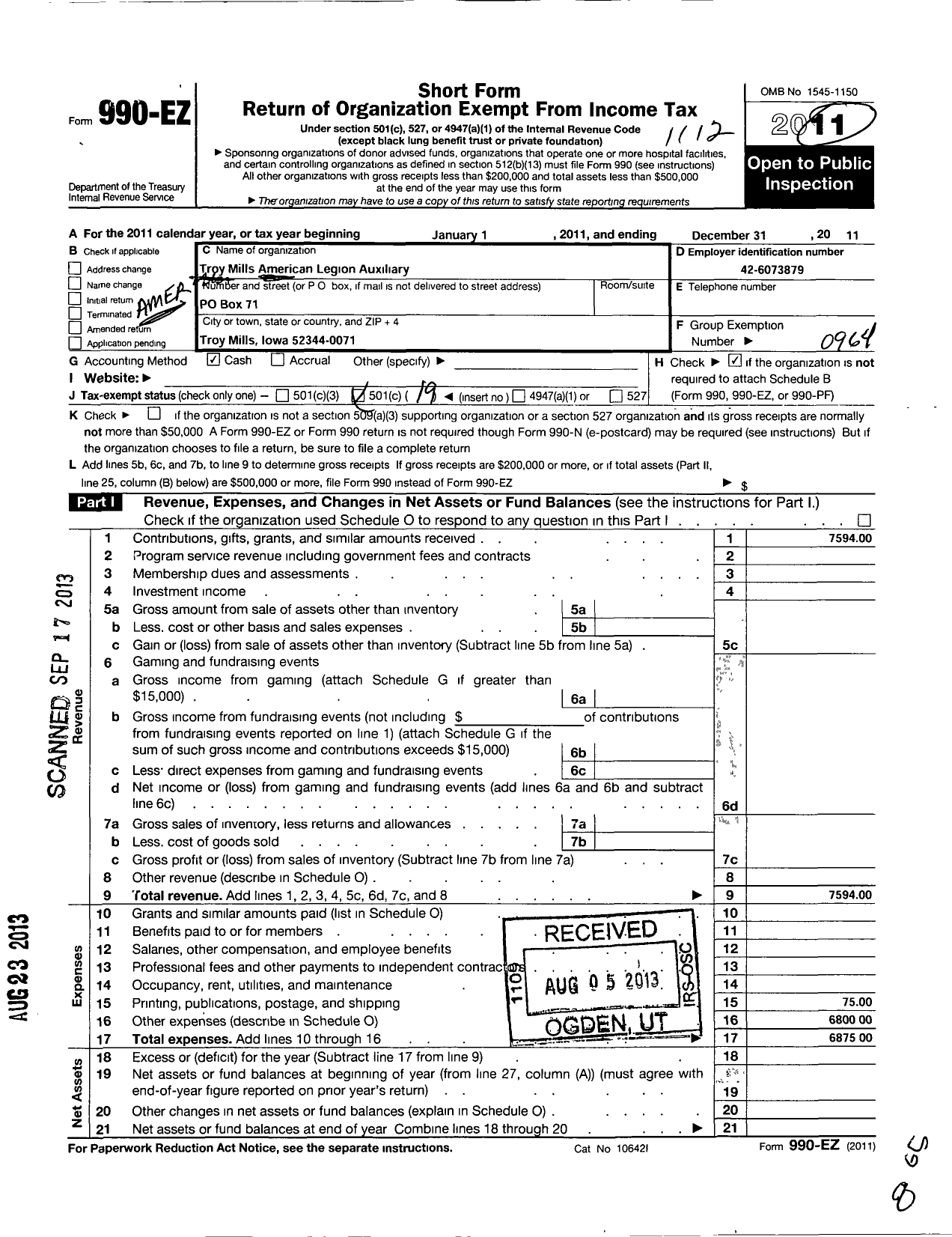 Image of first page of 2011 Form 990EO for American Legion Auxiliary - 712 Floyd Williamson