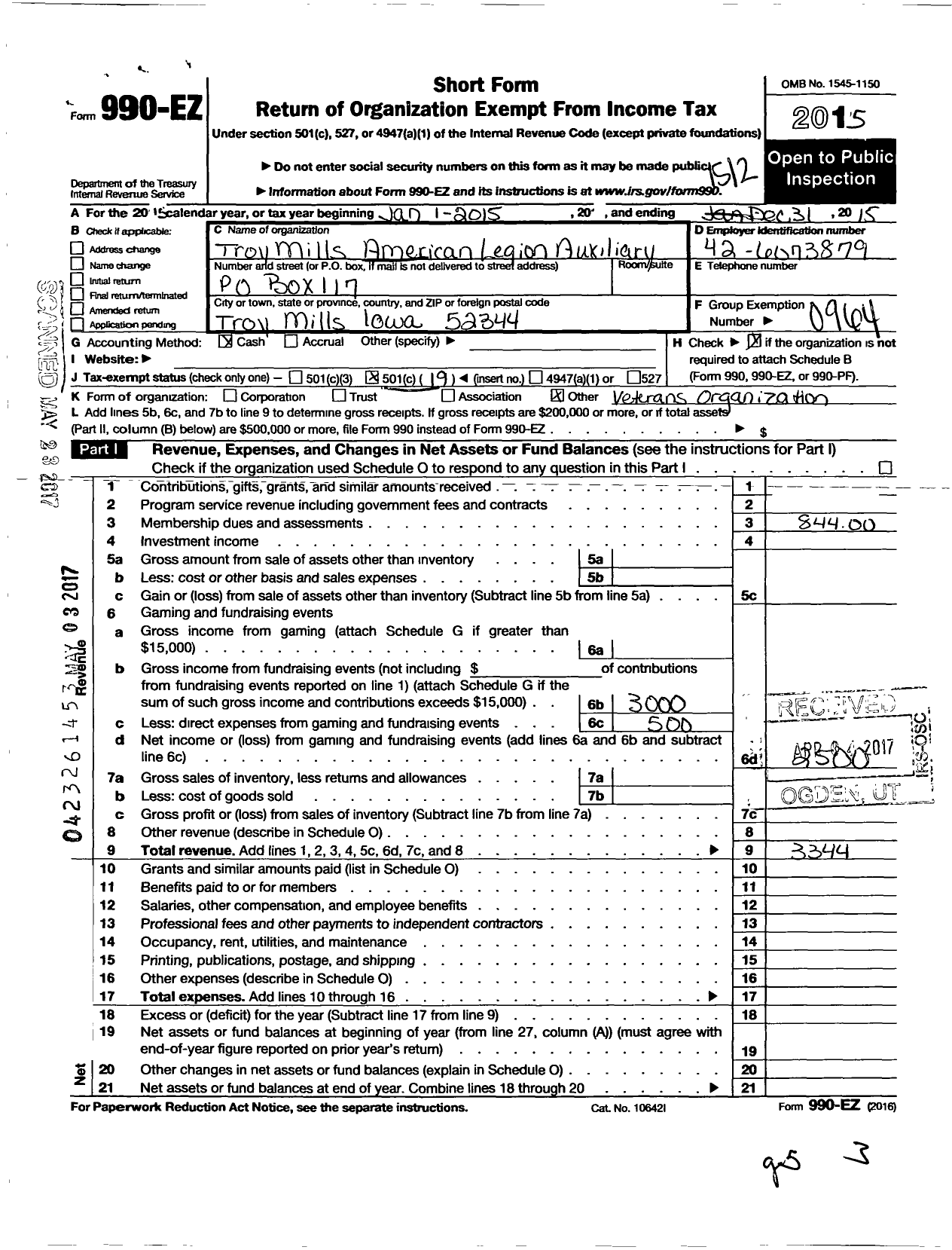 Image of first page of 2015 Form 990EO for American Legion Auxiliary - 712 Floyd Williamson