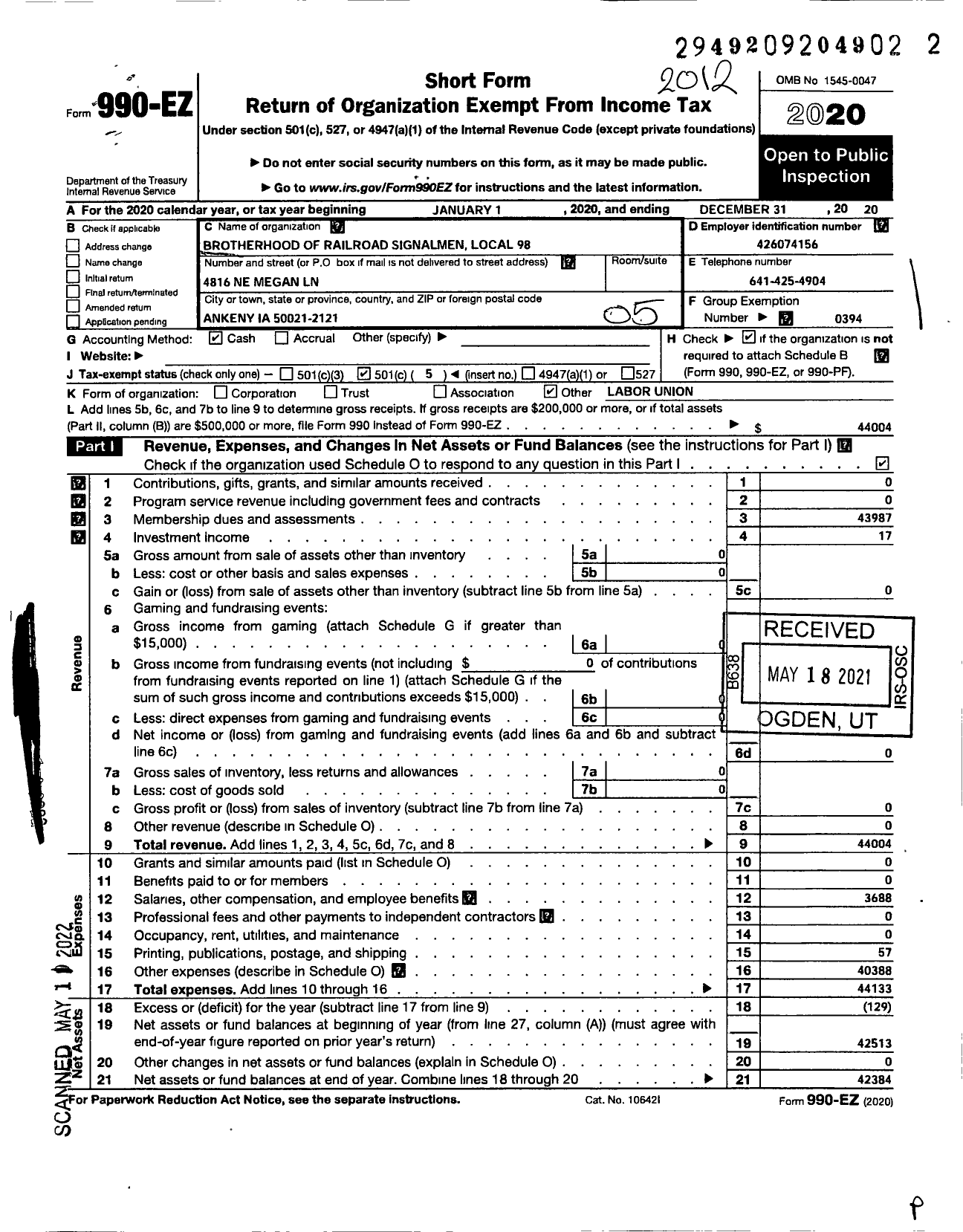 Image of first page of 2020 Form 990EO for Brotherhood of Railroad Signalmen - 98 Maple Leaf Local