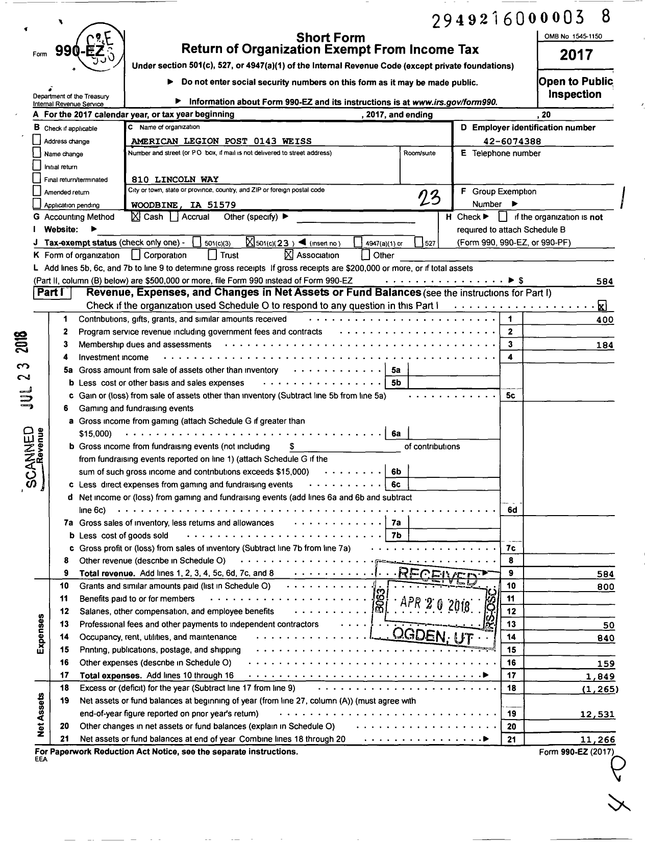 Image of first page of 2017 Form 990EO for American Legion - 0143 Weiss Post