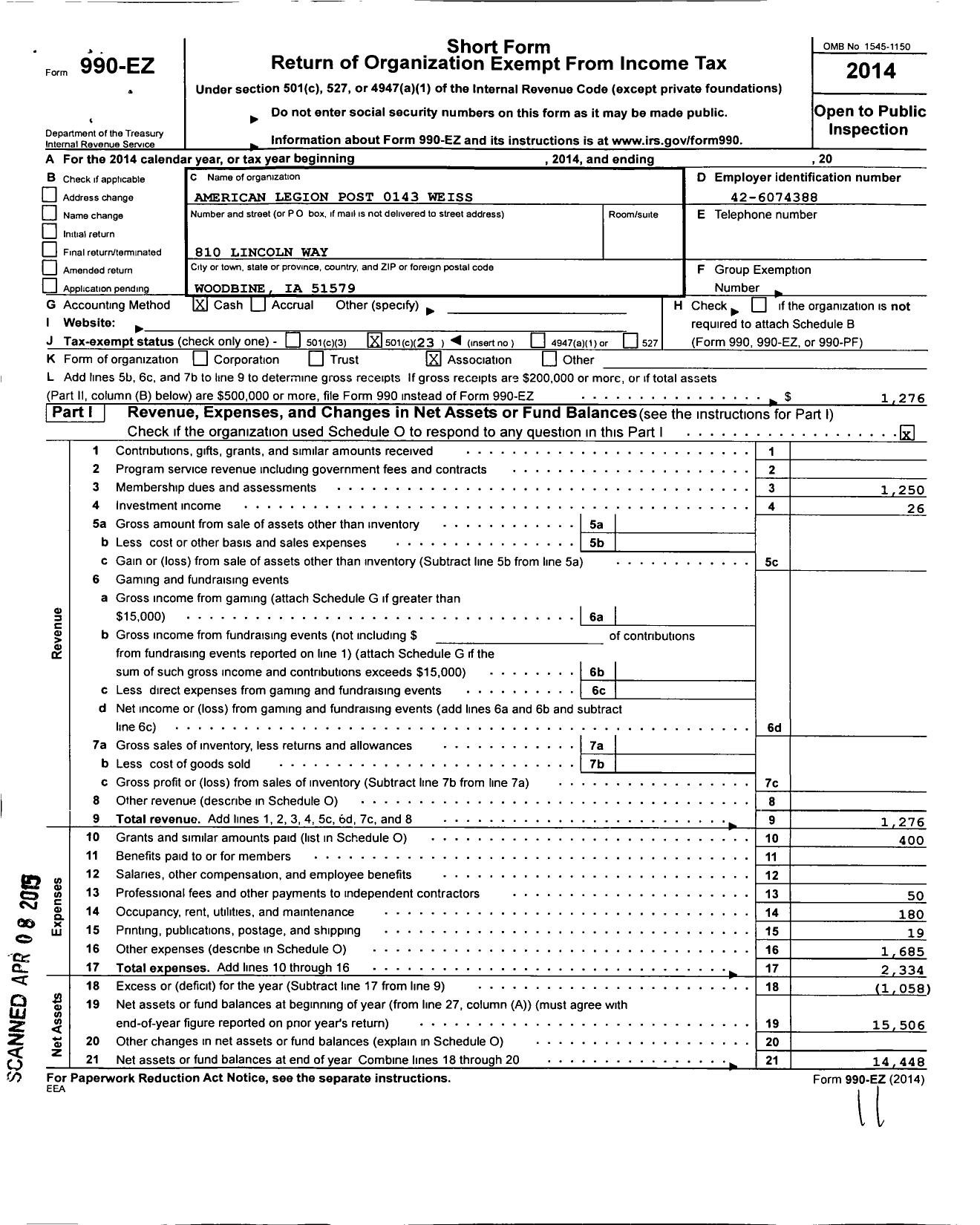 Image of first page of 2014 Form 990EO for American Legion - 0143 Weiss Post