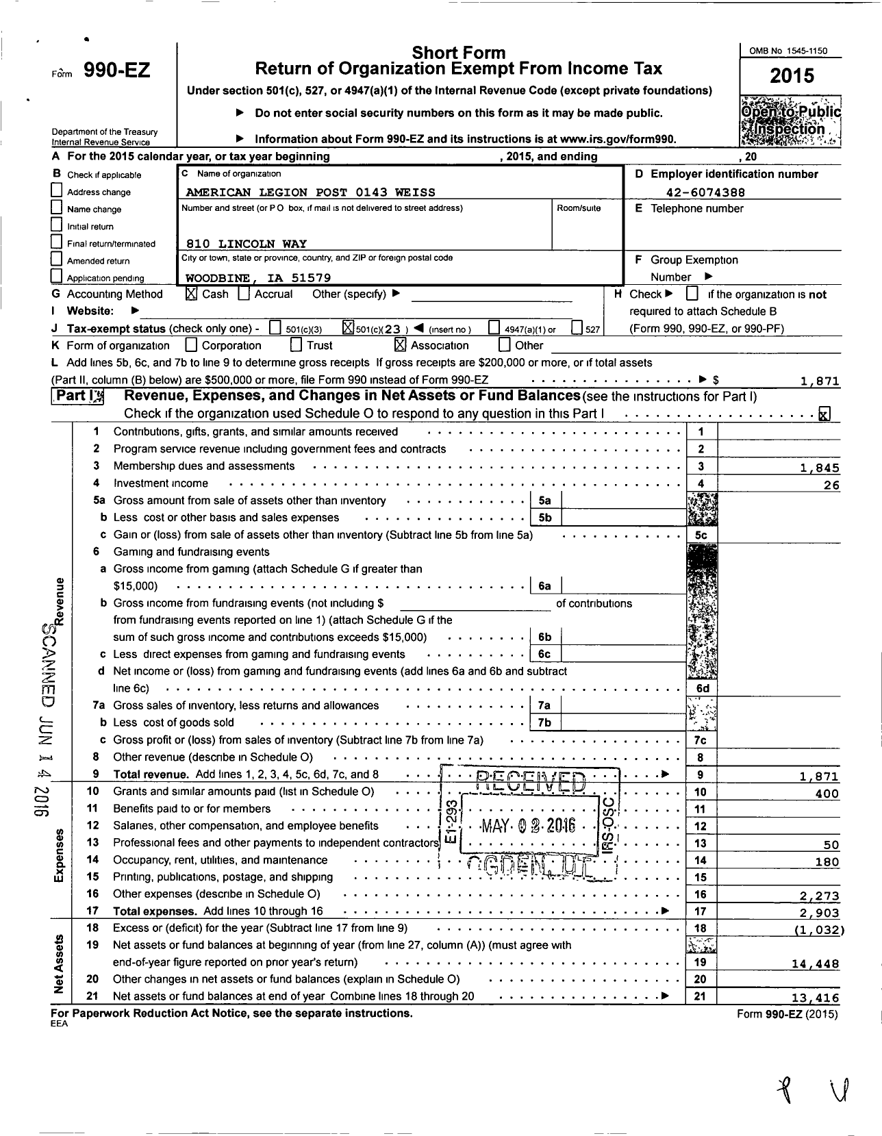 Image of first page of 2015 Form 990EO for American Legion - 0143 Weiss Post