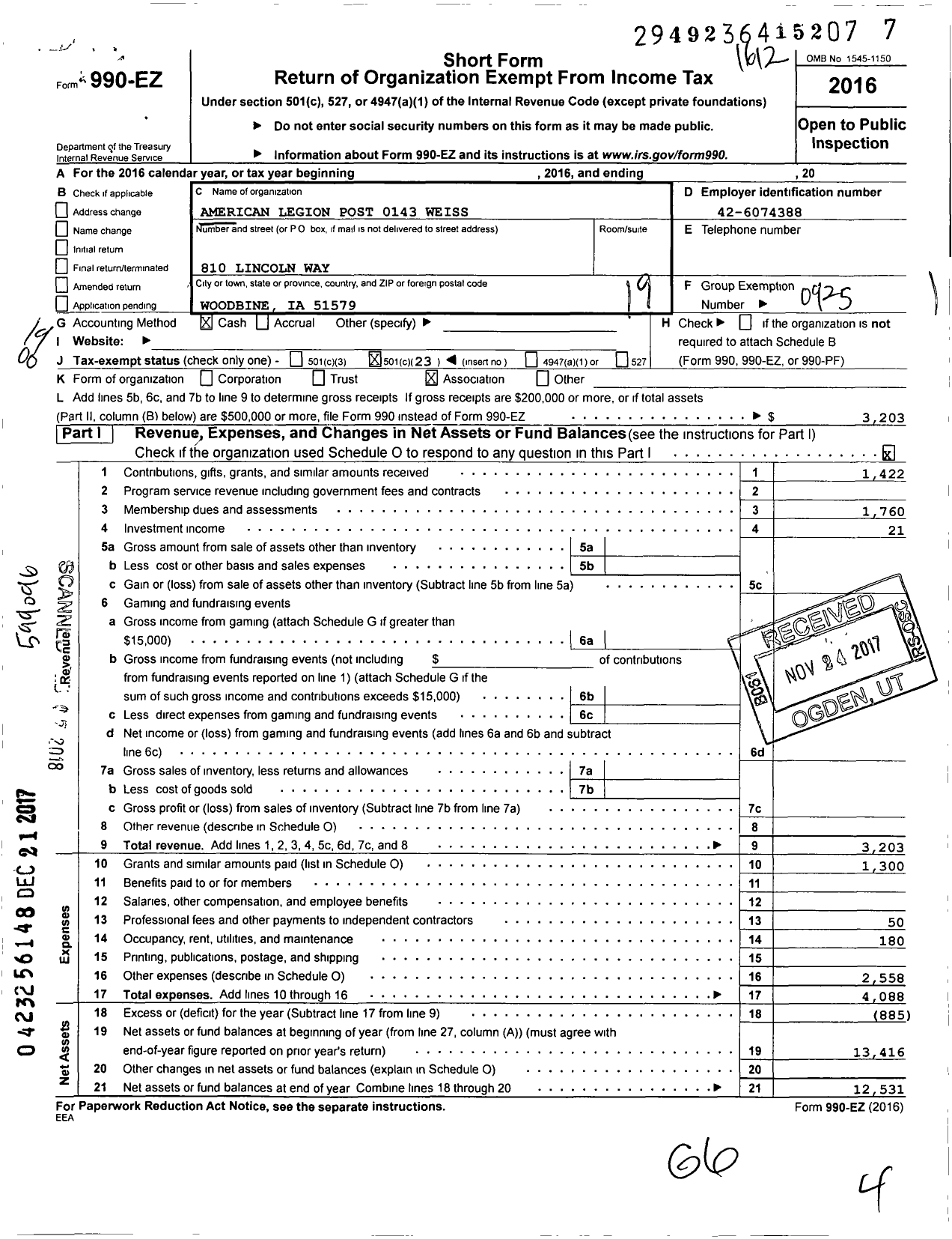 Image of first page of 2016 Form 990EO for American Legion - 0143 Weiss Post