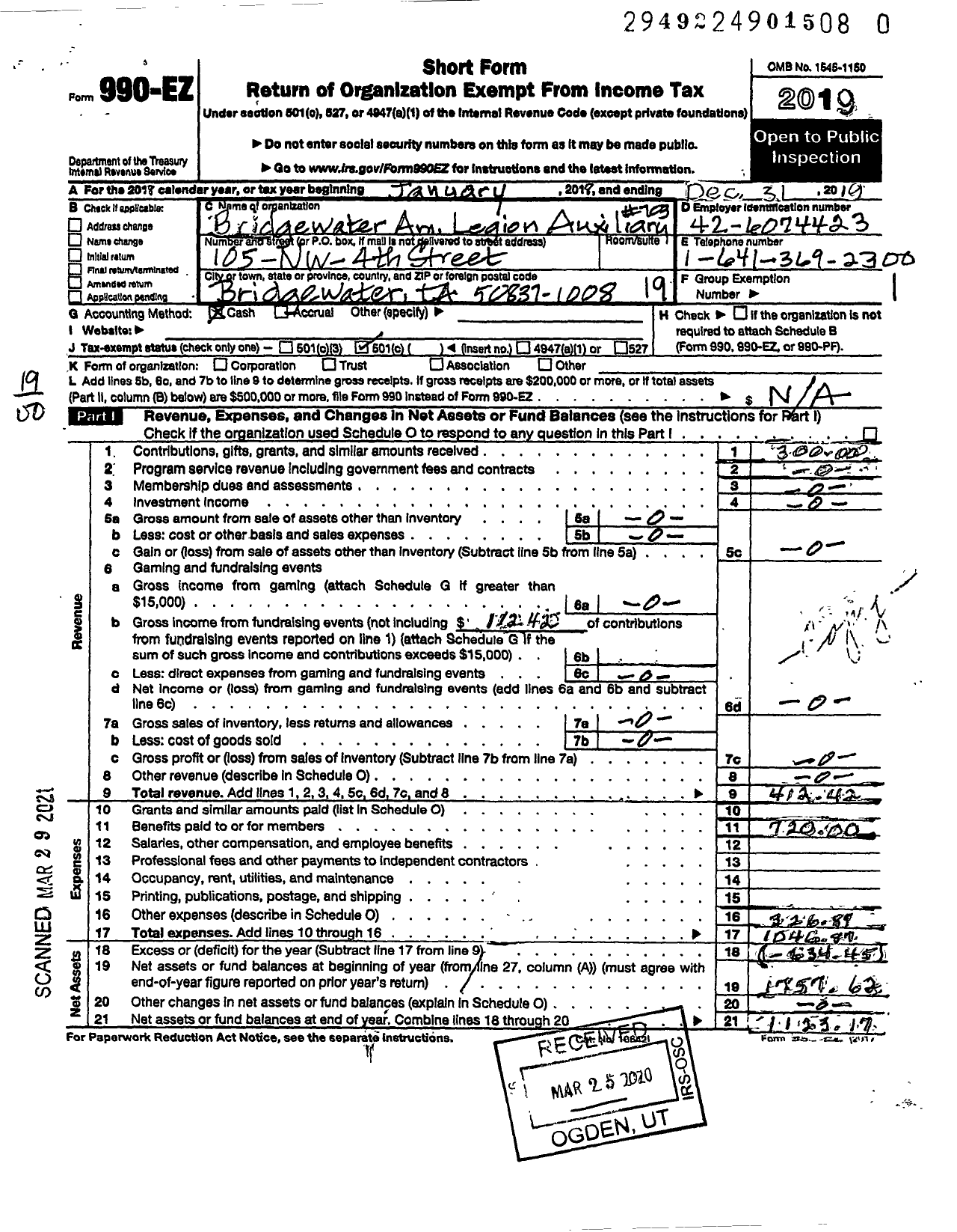 Image of first page of 2019 Form 990EO for Bridgewater Am Legion Auxiliary No 703