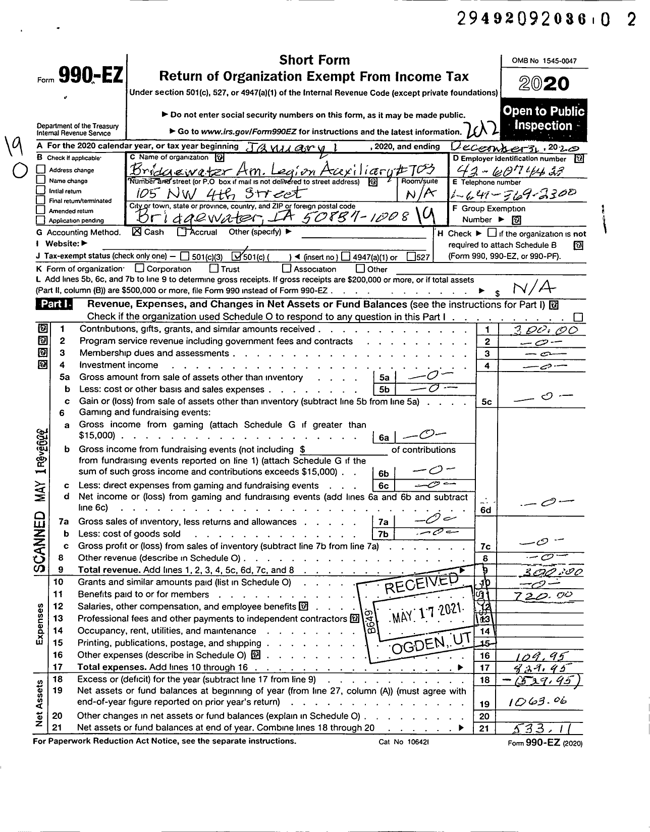 Image of first page of 2020 Form 990EO for Bridgewater Am Legion Auxiliary No 703