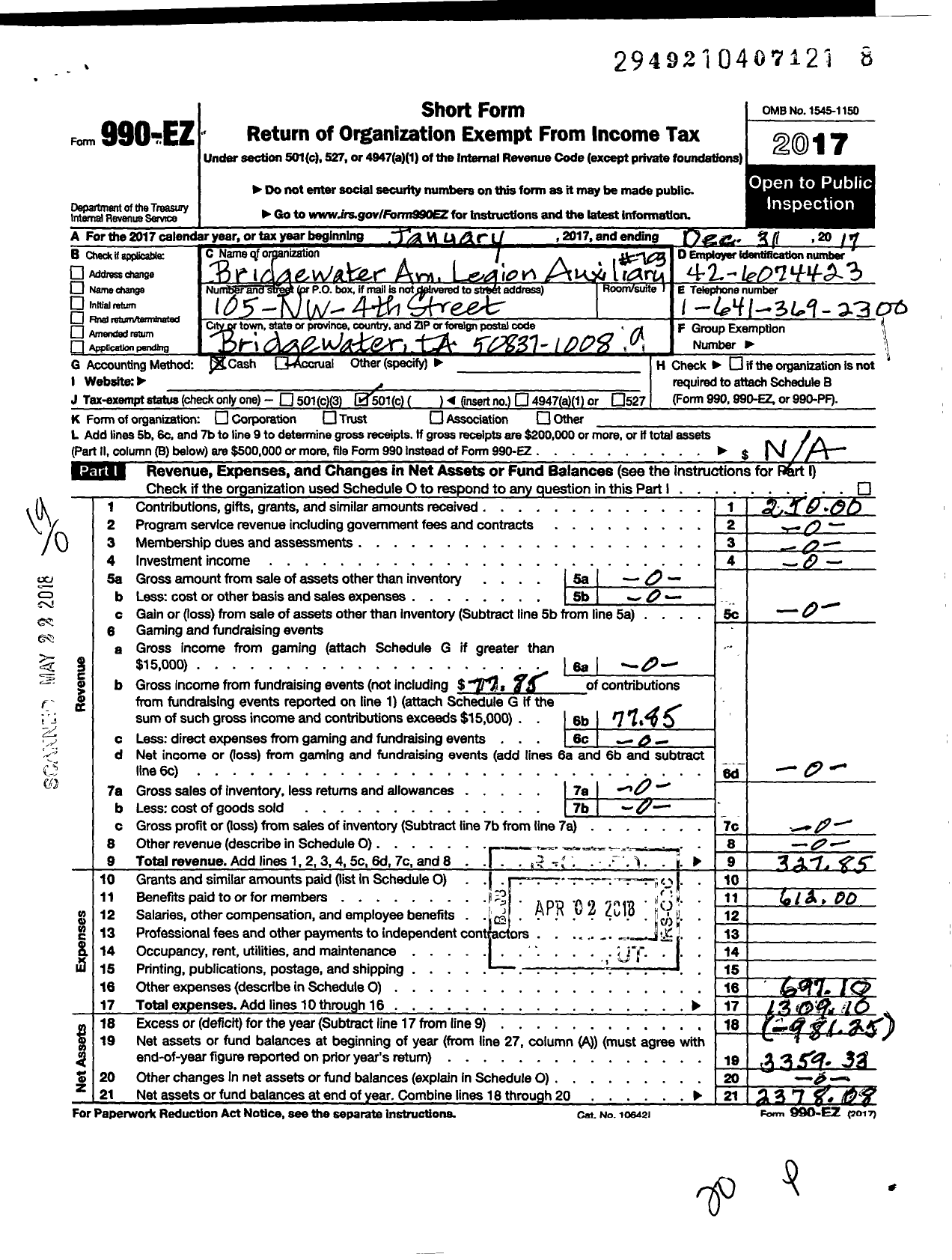 Image of first page of 2017 Form 990EO for Bridgewater Am Legion Auxiliary No 703