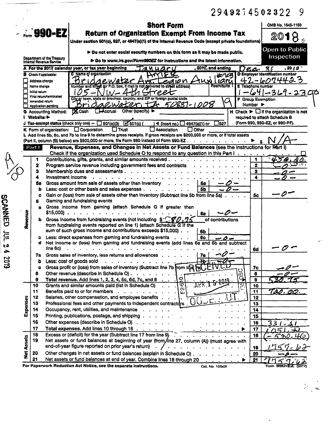 Image of first page of 2018 Form 990EO for Bridgewater Am Legion Auxiliary No 703