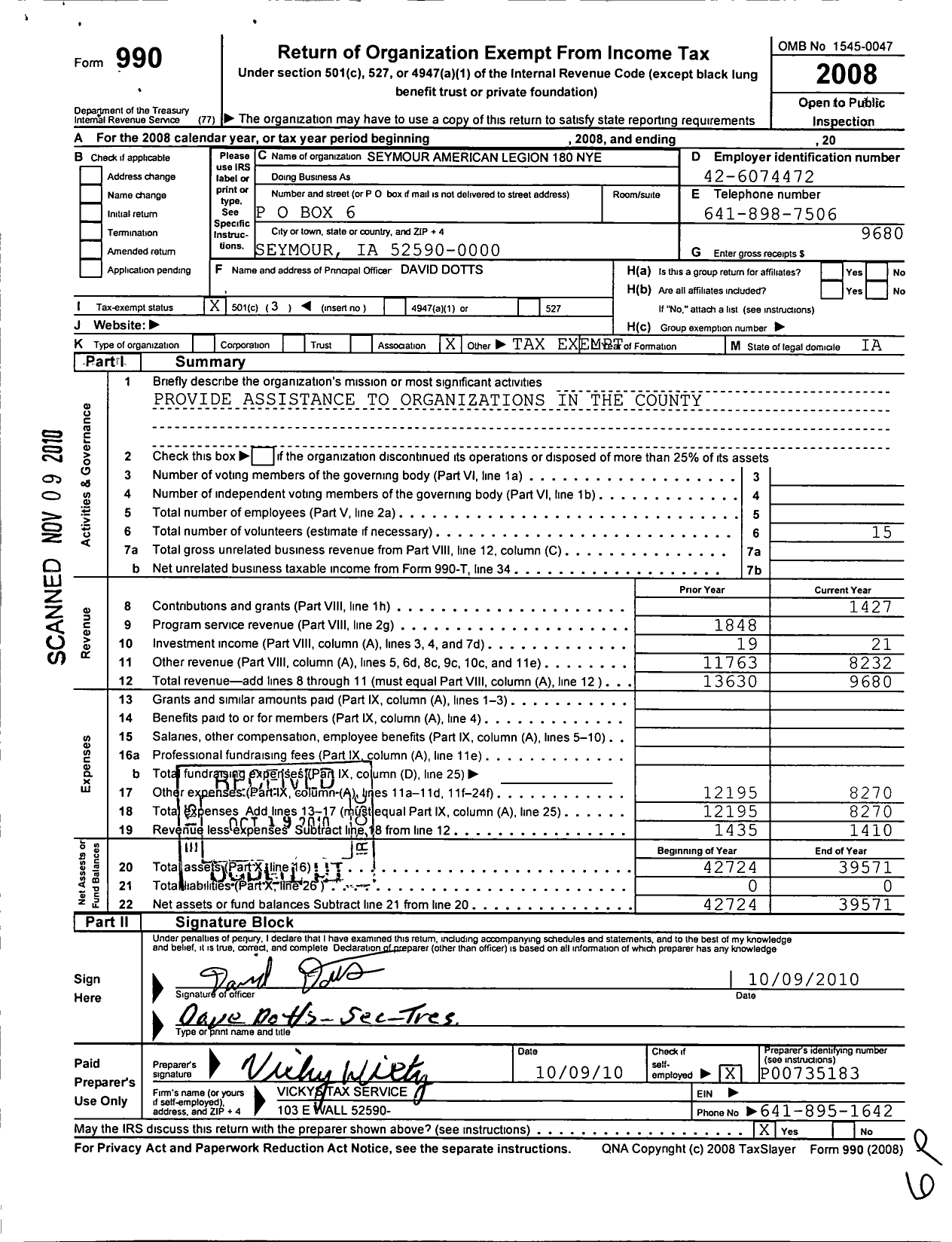 Image of first page of 2008 Form 990 for American Legion - 180 Nye-Birdwell