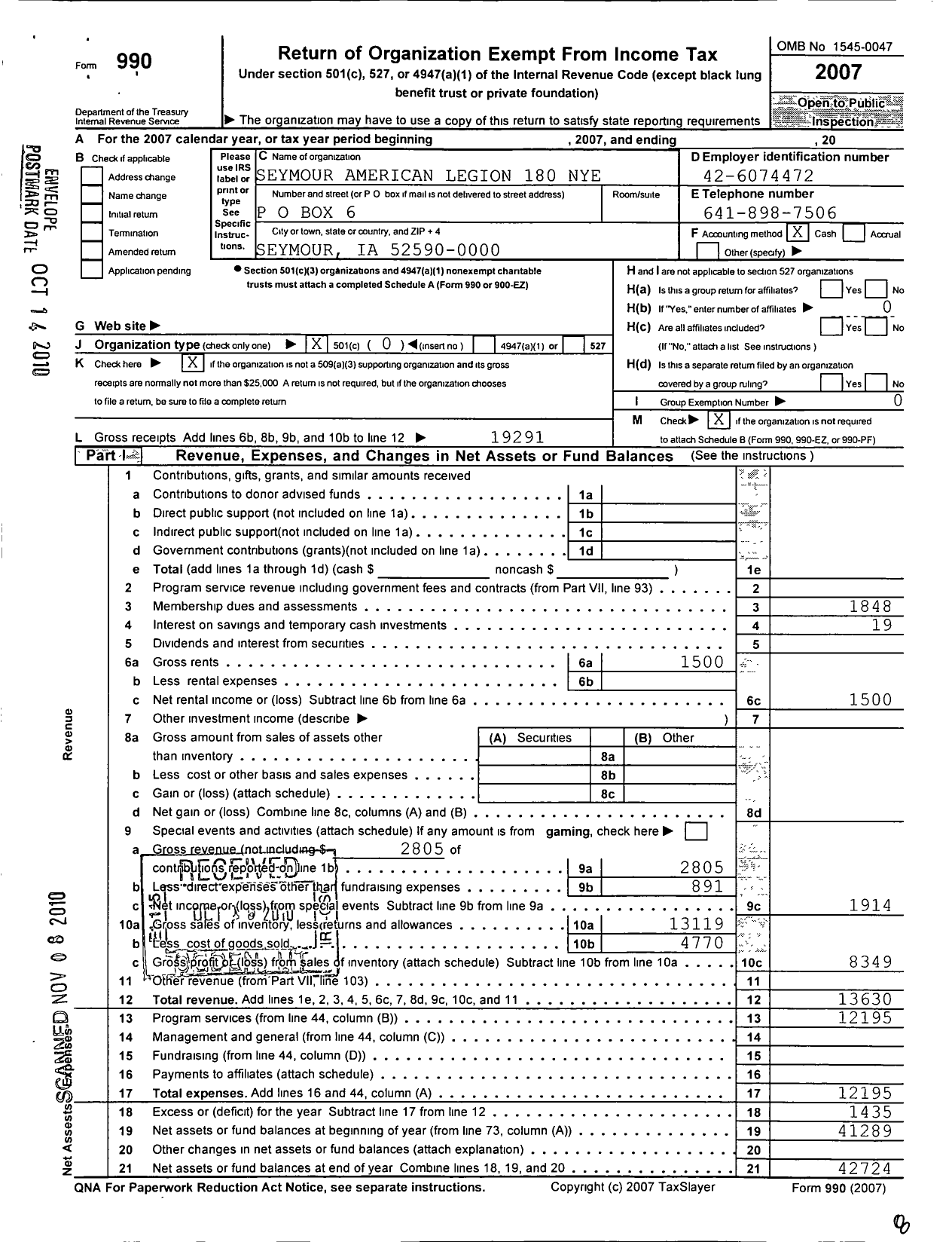 Image of first page of 2007 Form 990O for American Legion - 180 Nye-Birdwell