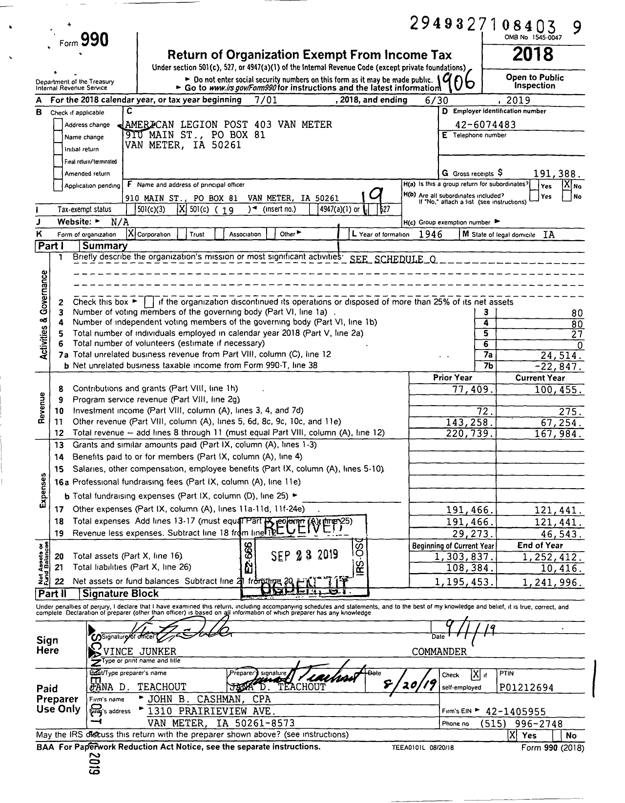 Image of first page of 2018 Form 990O for American Legion - 0403 Van Meter