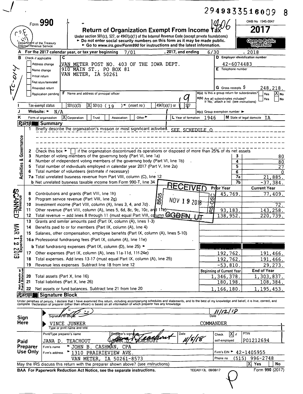 Image of first page of 2017 Form 990O for American Legion - 0403 Van Meter