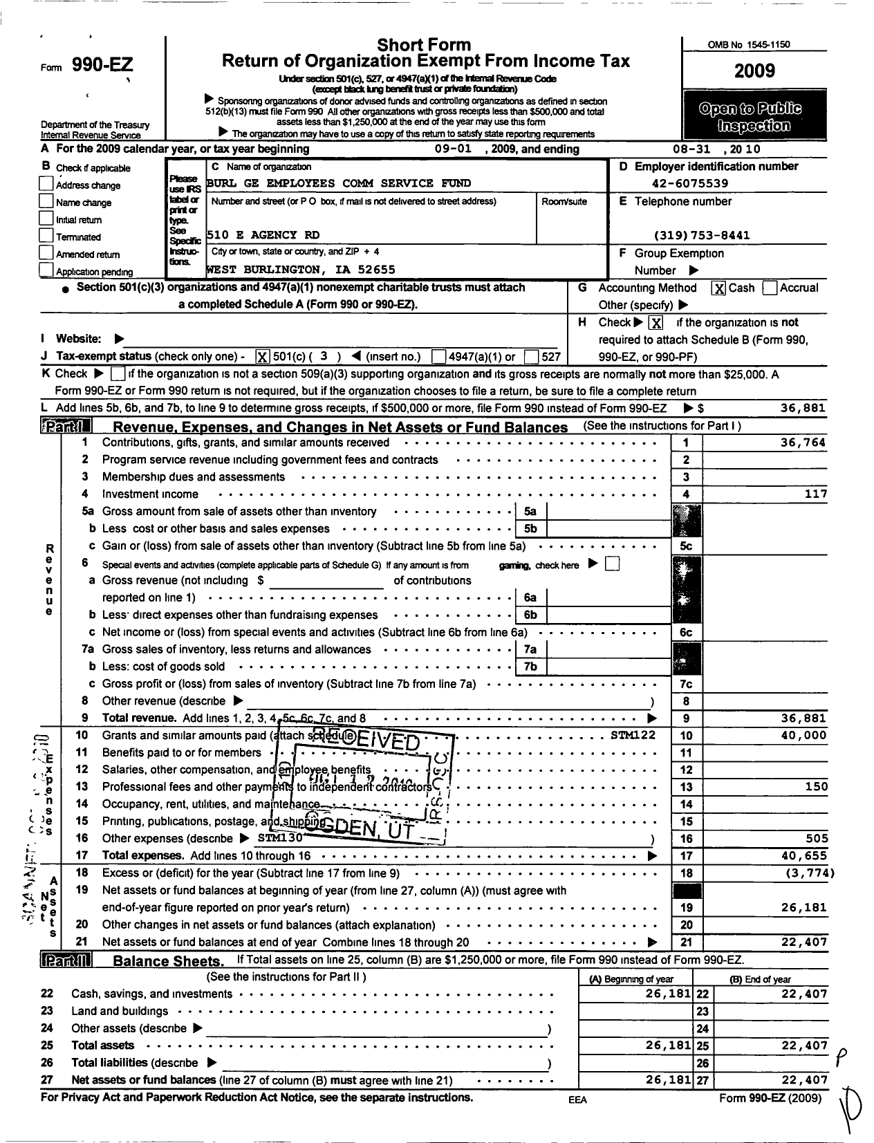 Image of first page of 2009 Form 990EZ for Burlington General Electric Employees Community Services Fund