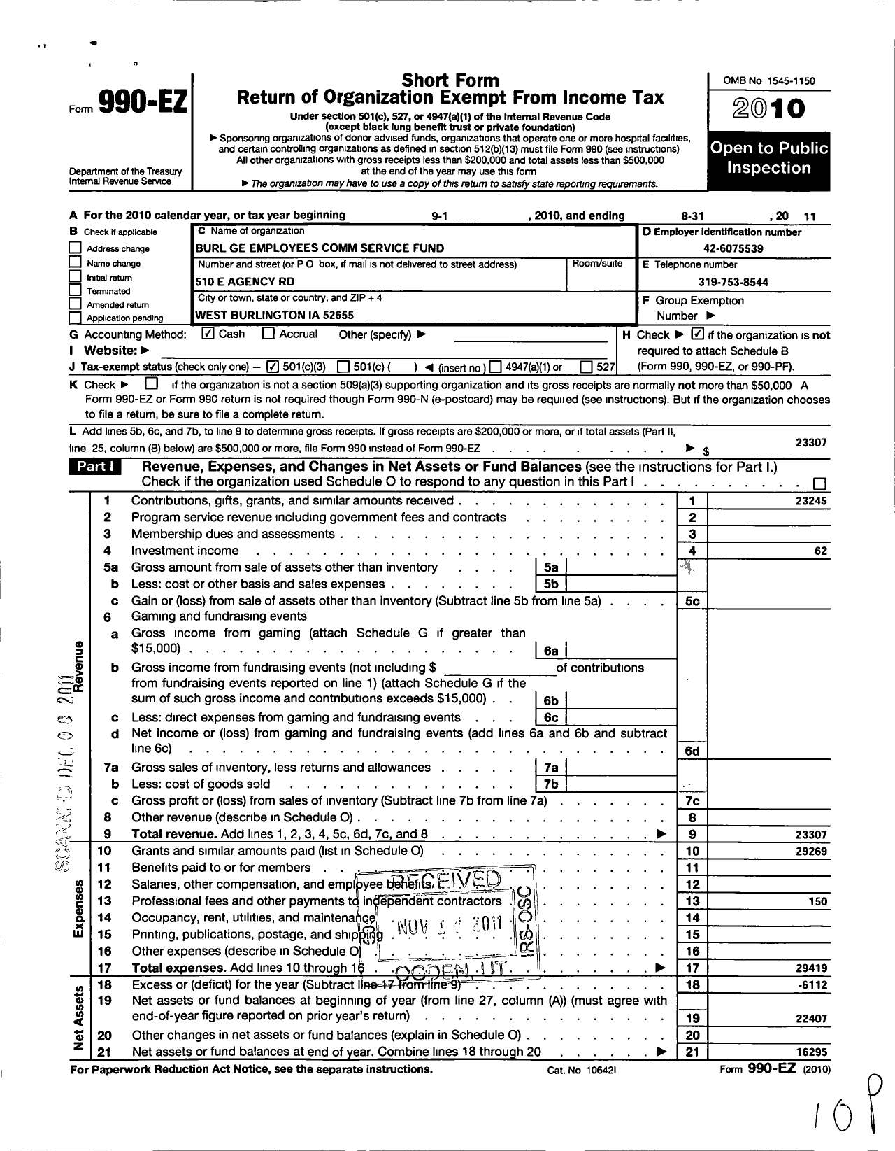 Image of first page of 2010 Form 990EZ for Burlington General Electric Employees Community Services Fund