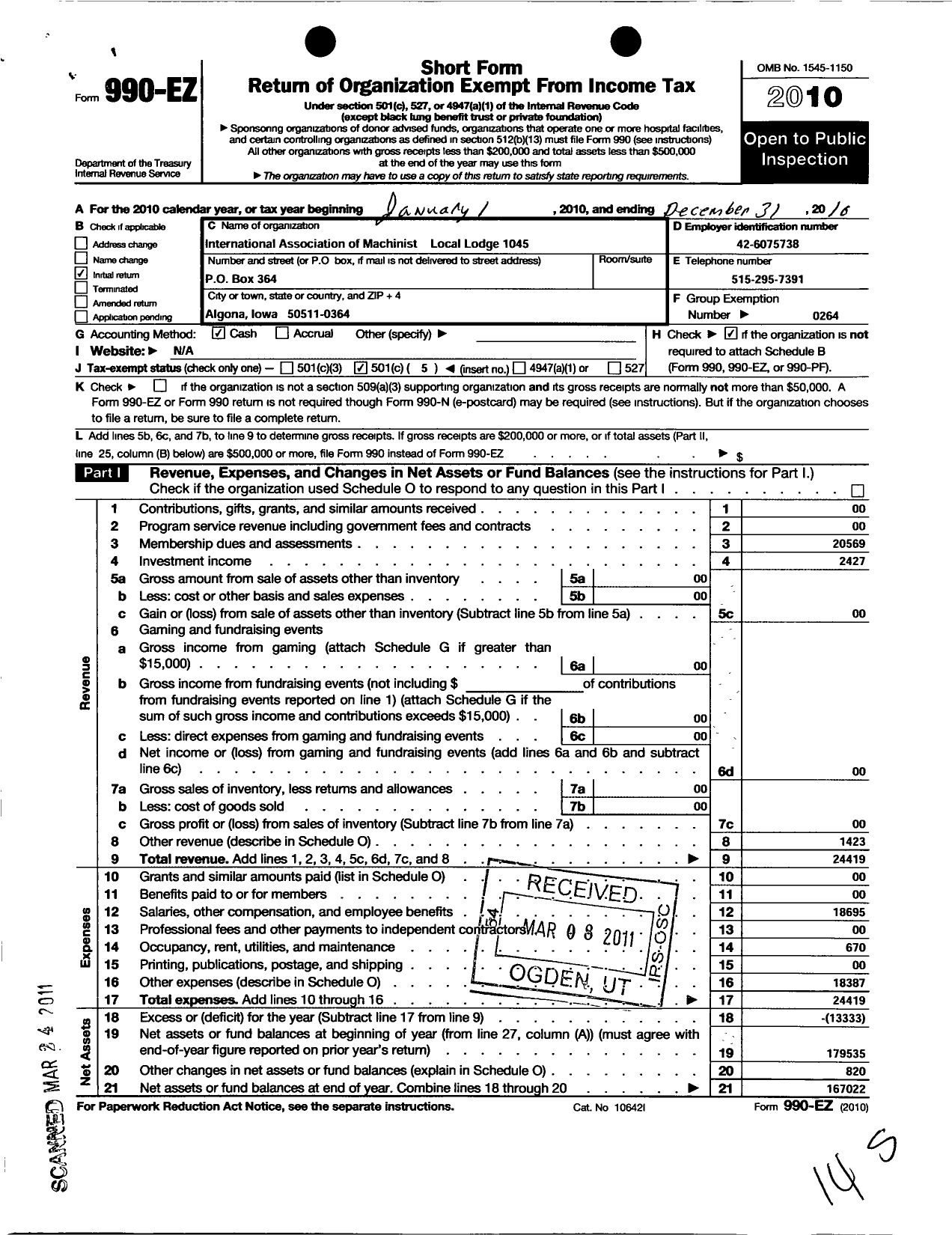 Image of first page of 2010 Form 990EO for International Association of Machinists and Aerospace Workers - 1045