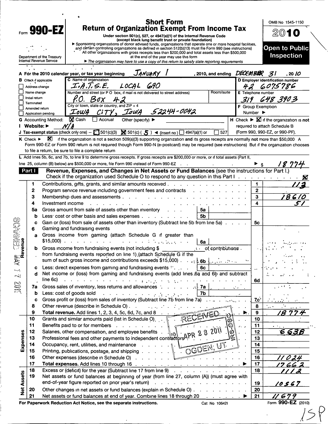 Image of first page of 2010 Form 990EO for International Alliance of Theatrical Stage Employees - 690 Iatse