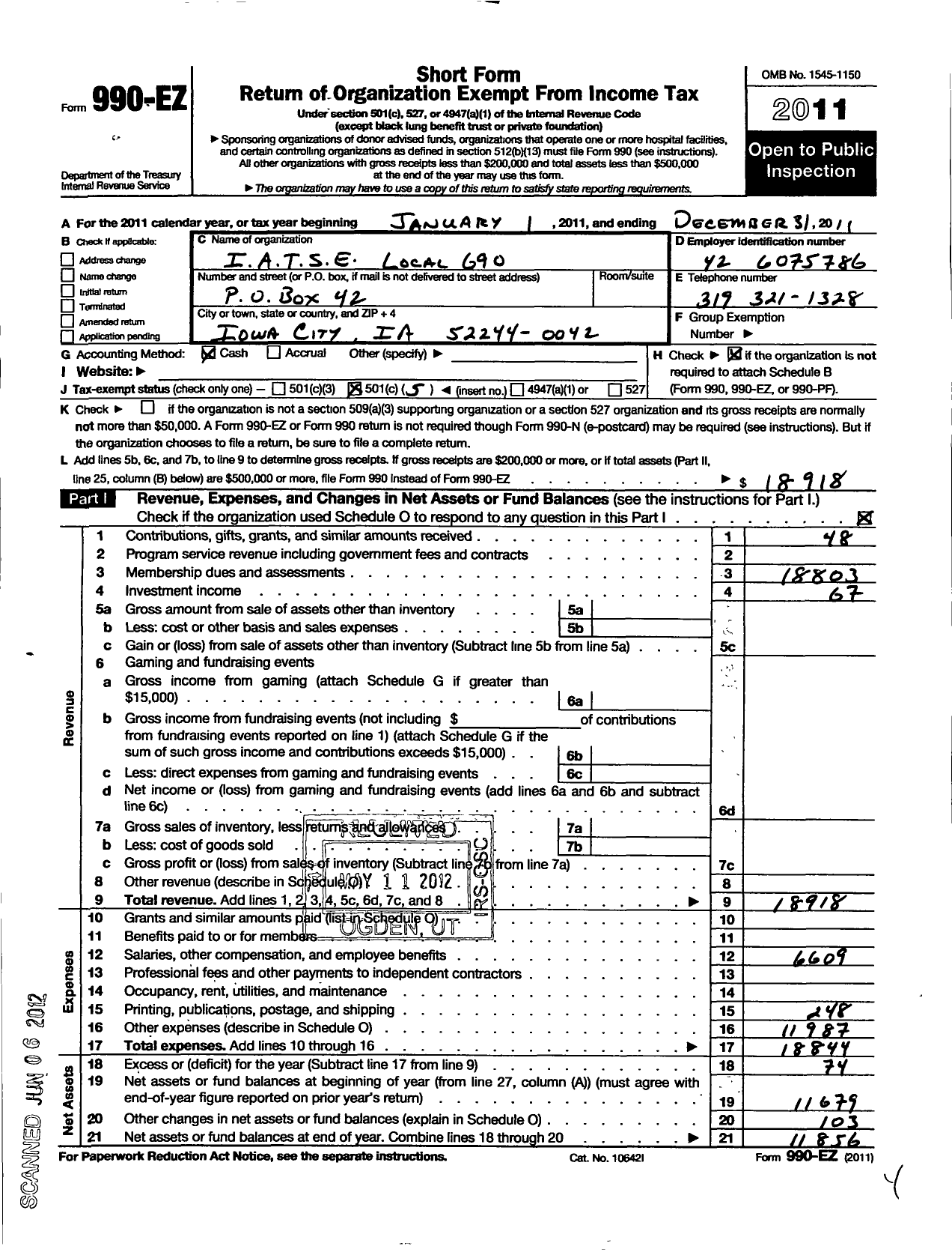 Image of first page of 2011 Form 990EO for International Alliance of Theatrical Stage Employees - 690 Iatse
