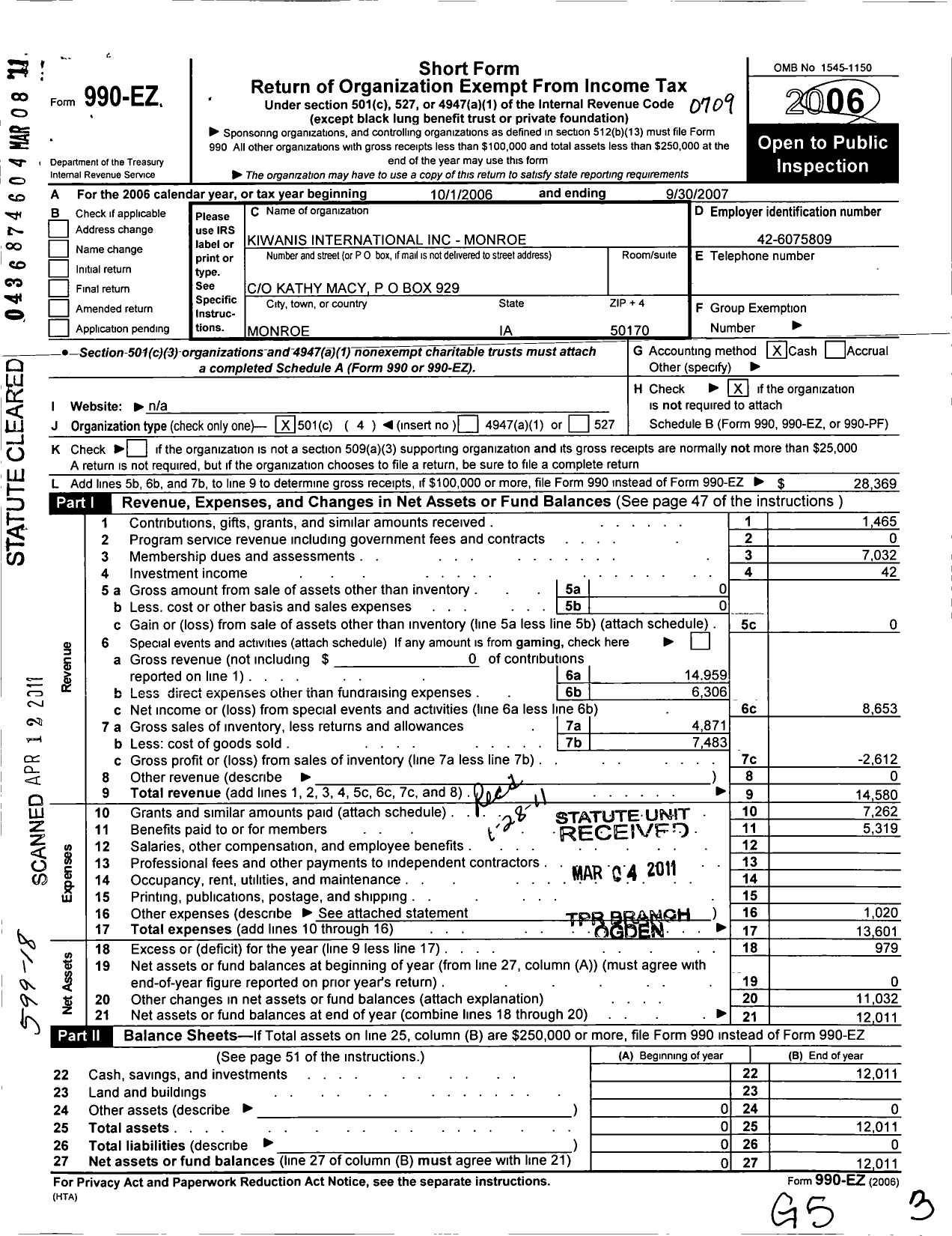 Image of first page of 2006 Form 990EO for Kiwanis International - K04205 Monroe