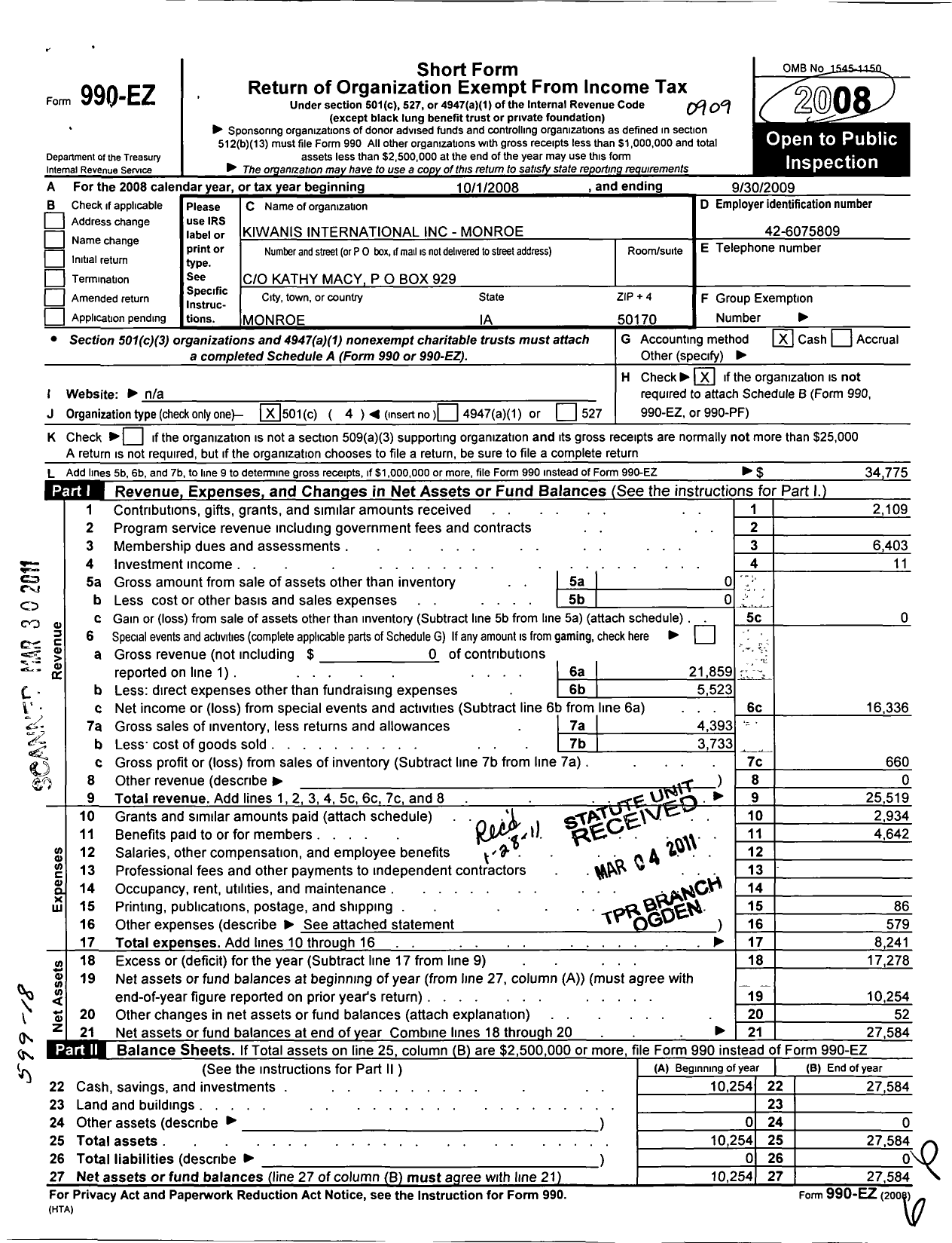 Image of first page of 2008 Form 990EO for Kiwanis International - K04205 Monroe