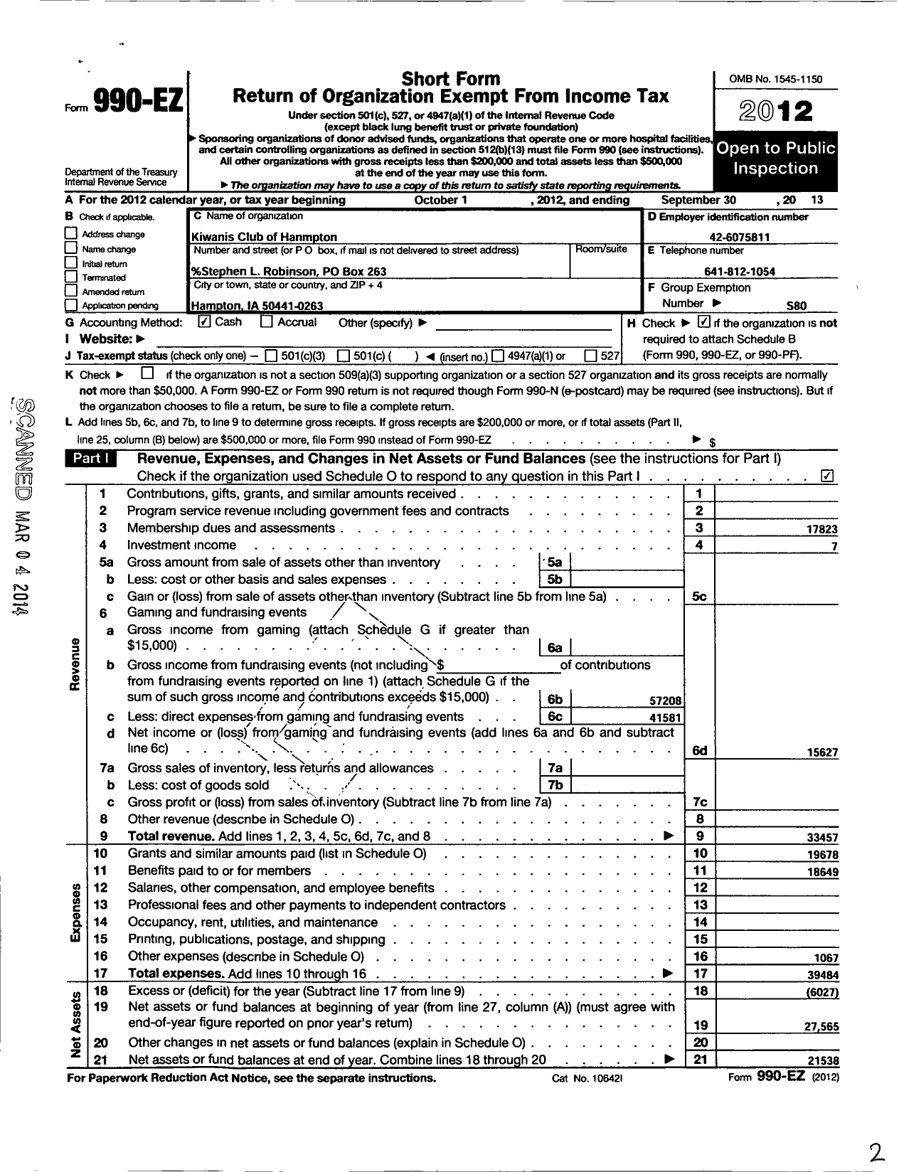 Image of first page of 2012 Form 990EO for Kiwanis International - K02656 Hampton