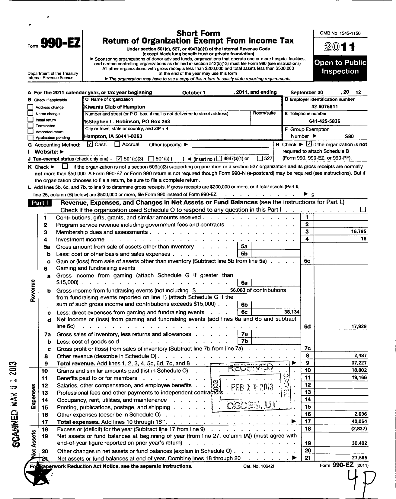 Image of first page of 2011 Form 990EZ for Kiwanis International - K02656 Hampton