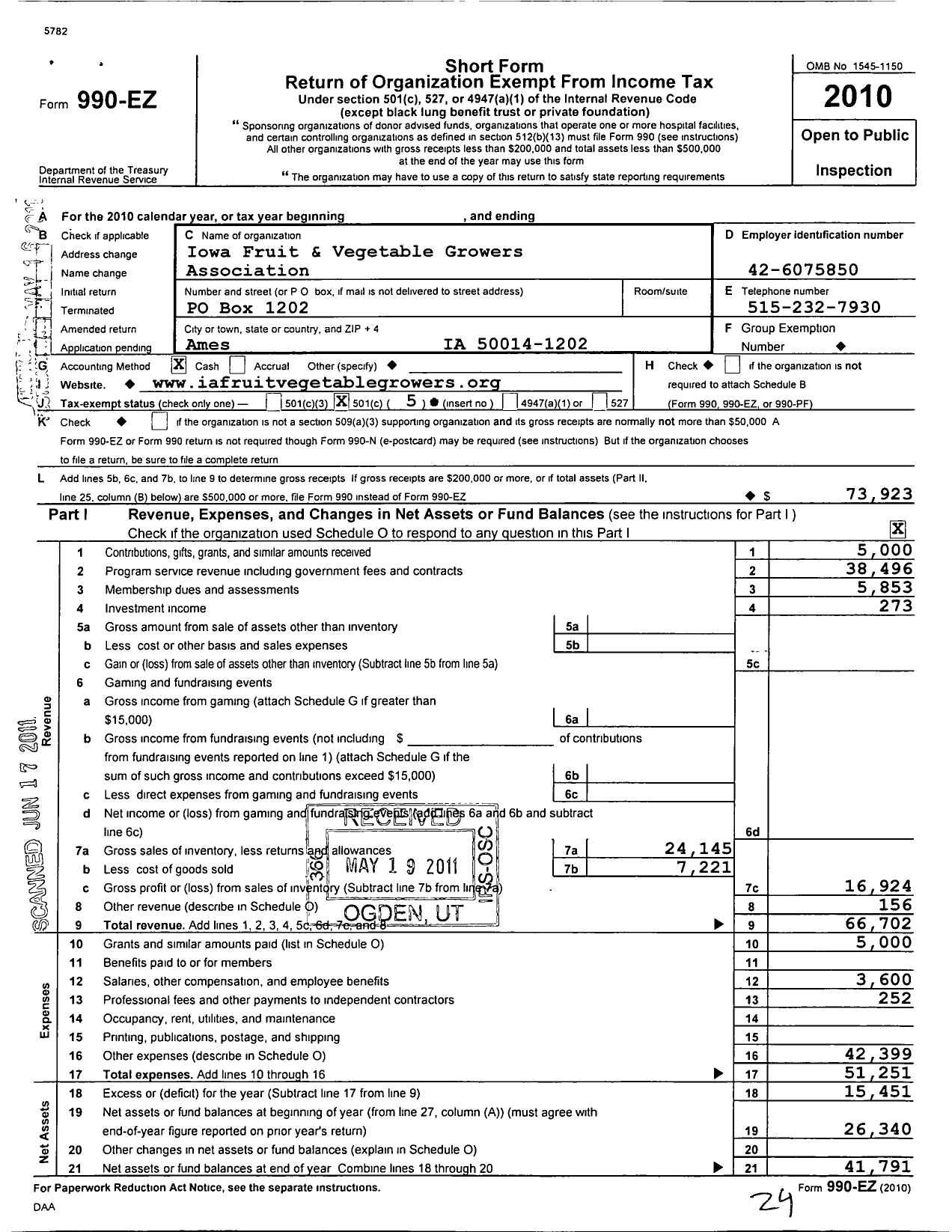 Image of first page of 2010 Form 990EO for Iowa Specialty Crop Growers Association