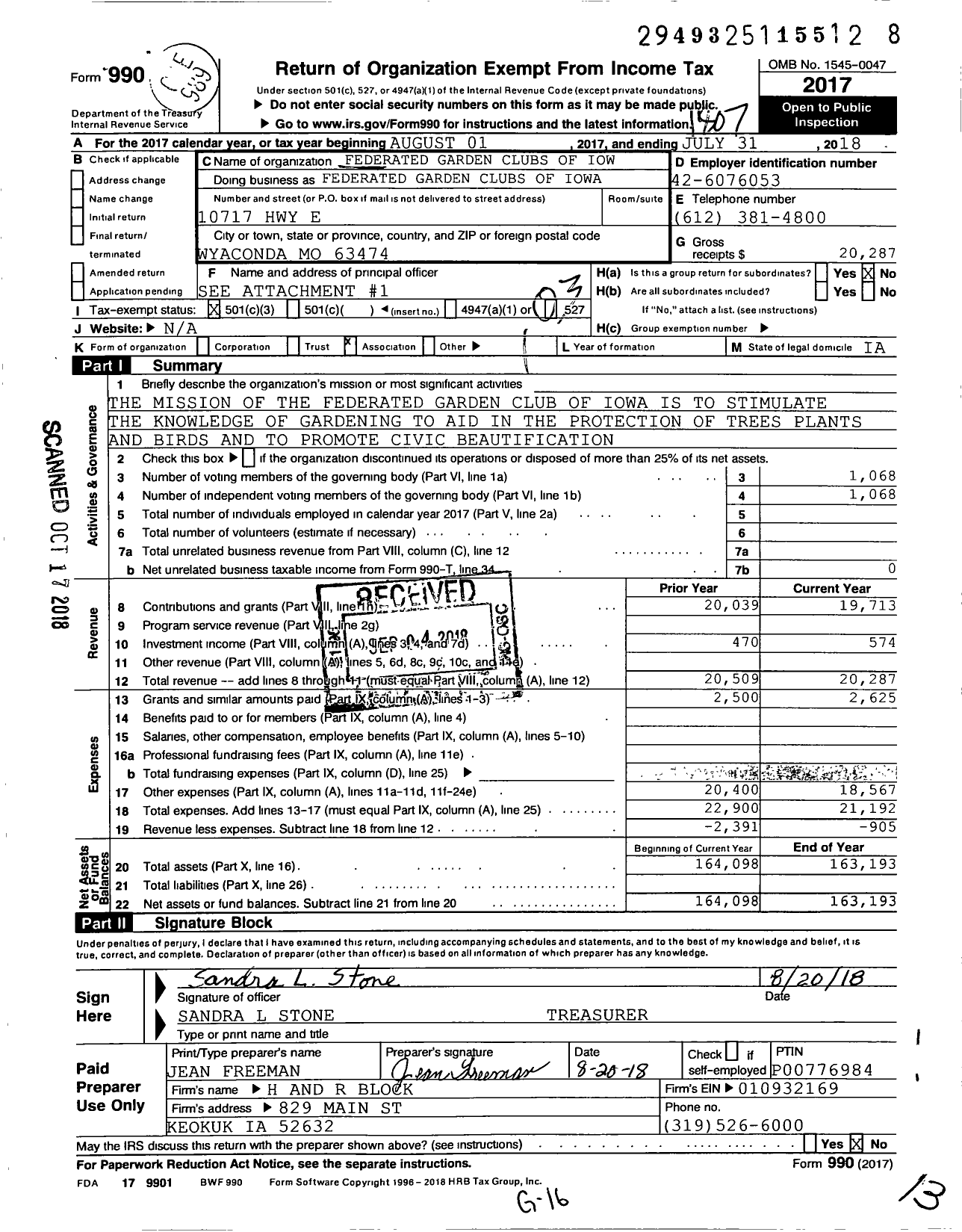 Image of first page of 2017 Form 990 for Federated Garden Clubs of Iow