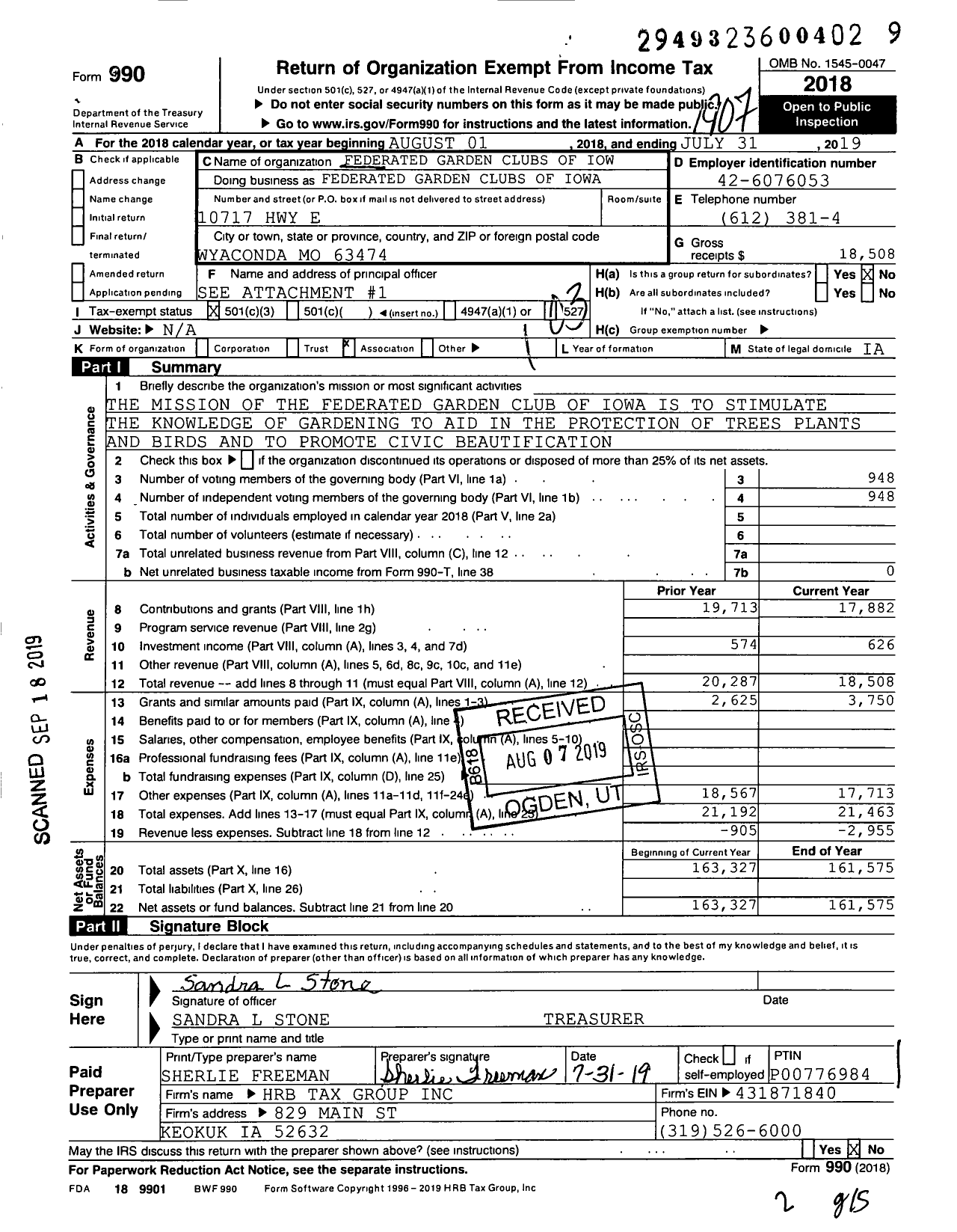 Image of first page of 2018 Form 990 for Federated Garden Clubs of Iow