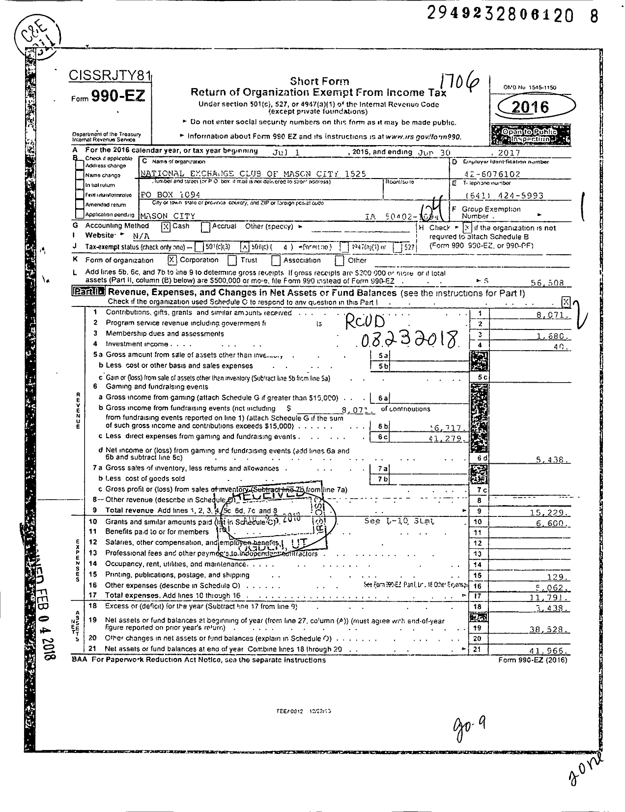 Image of first page of 2016 Form 990EO for National Exchange Club - 1525 Mason City Ia