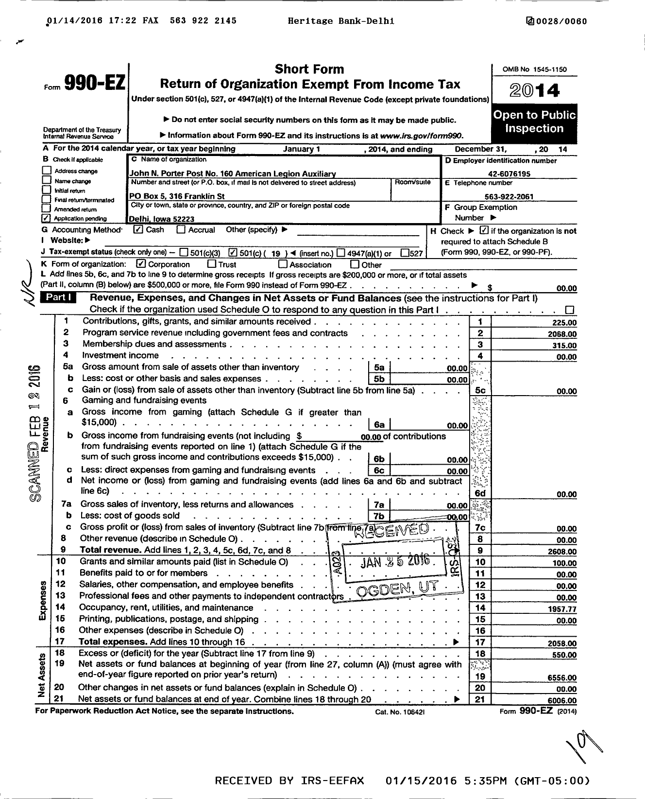 Image of first page of 2014 Form 990EO for John N Porter Post No 160 Depart Ment of Iowa American Legion Auxiliary