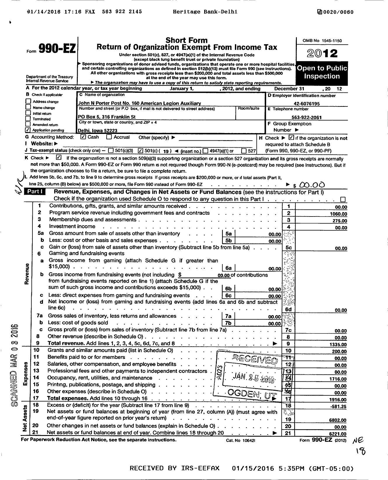 Image of first page of 2012 Form 990EO for John N Porter Post No 160 Depart Ment of Iowa American Legion Auxiliary