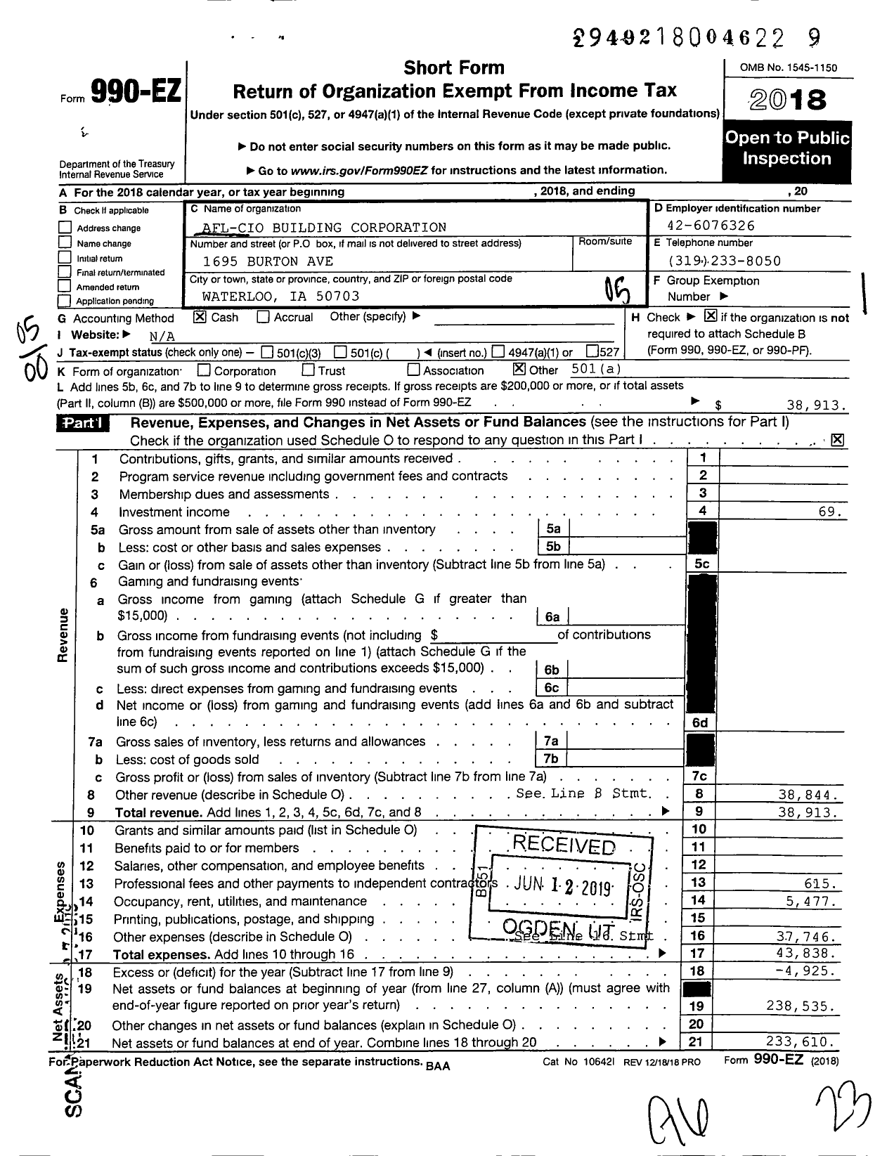 Image of first page of 2018 Form 990EO for AFL-CIO - Waterloo BCT Council