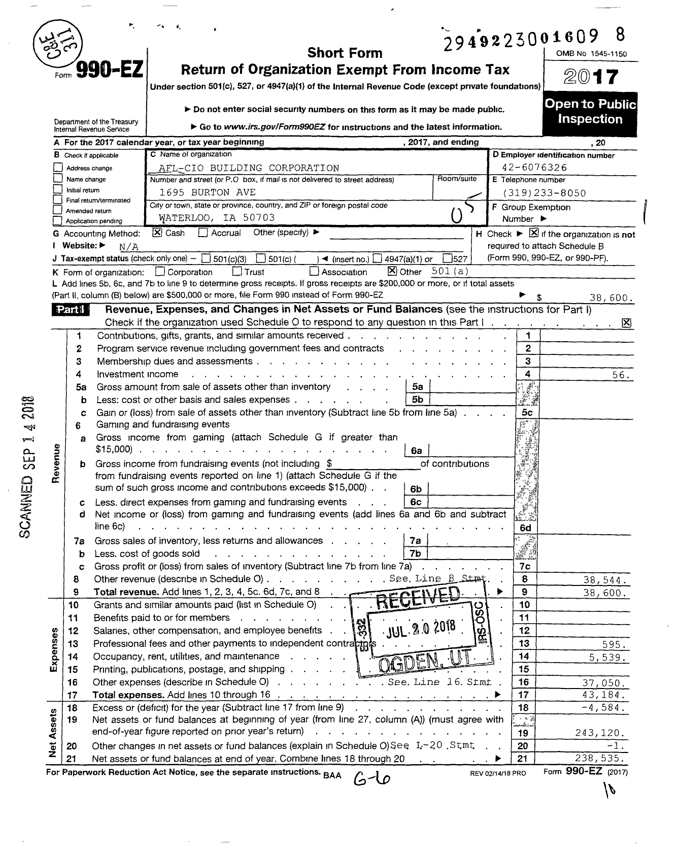 Image of first page of 2017 Form 990EO for AFL-CIO - Waterloo BCT Council