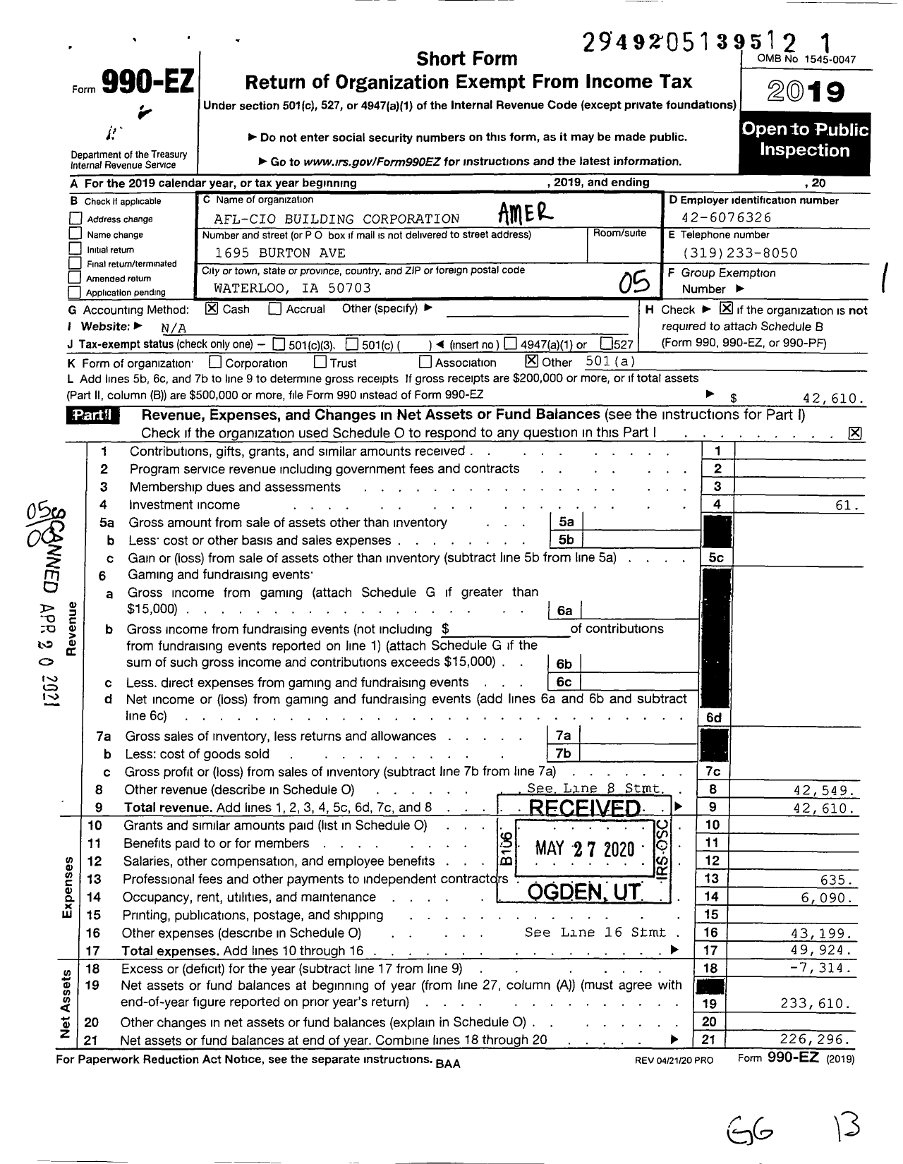 Image of first page of 2019 Form 990EO for AFL-CIO - Waterloo BCT Council