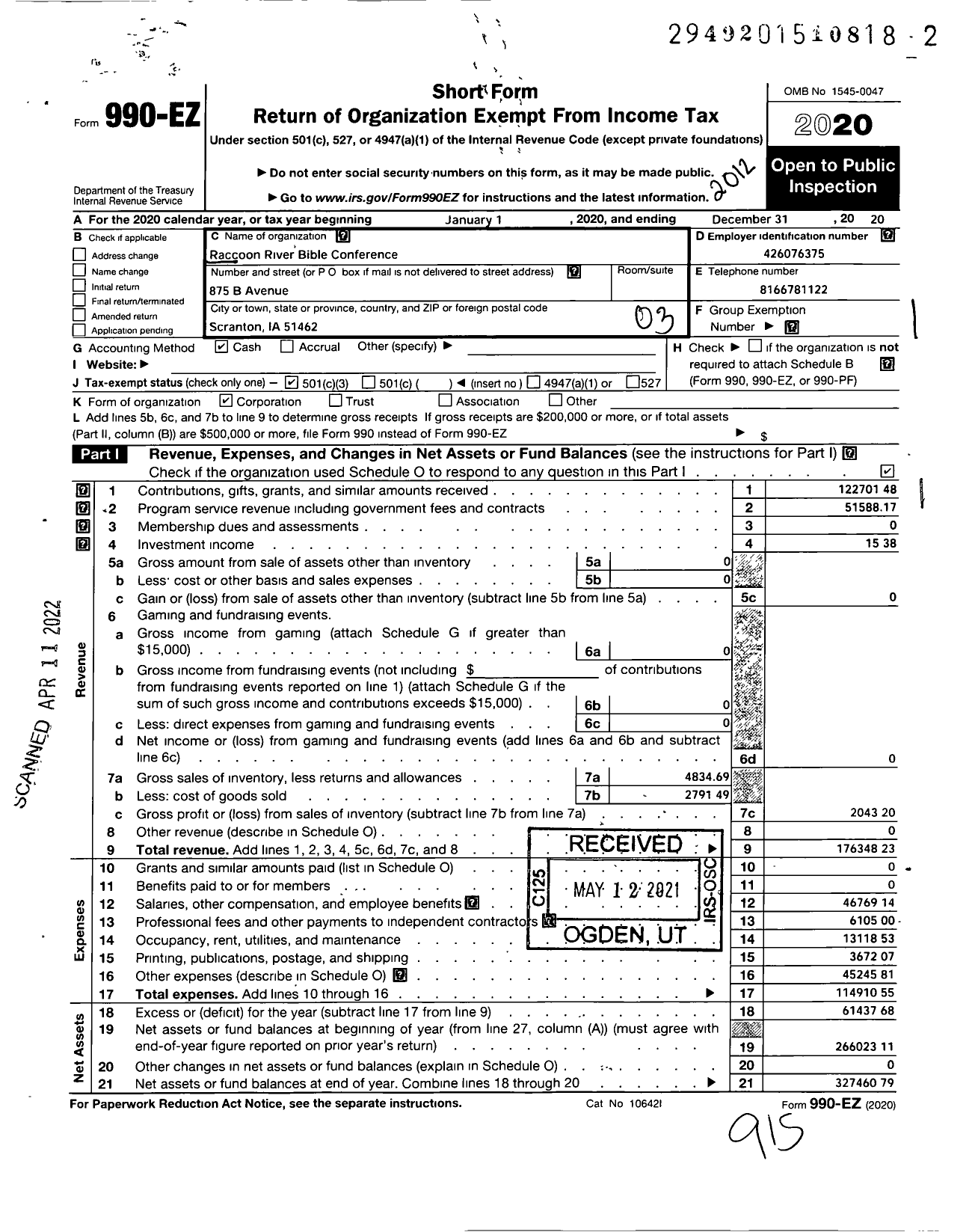 Image of first page of 2020 Form 990EZ for Raccoon River Bible Conference