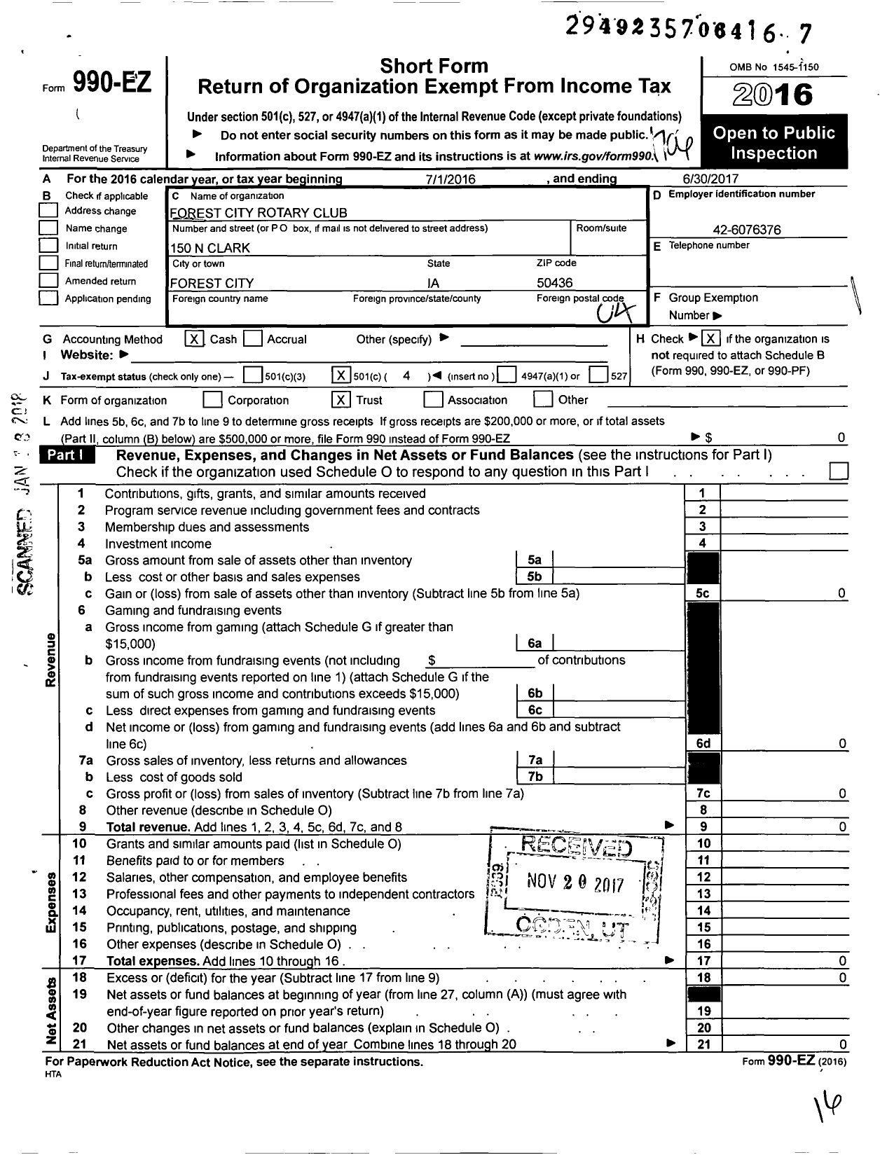 Image of first page of 2016 Form 990EO for Rotary International - Forest City