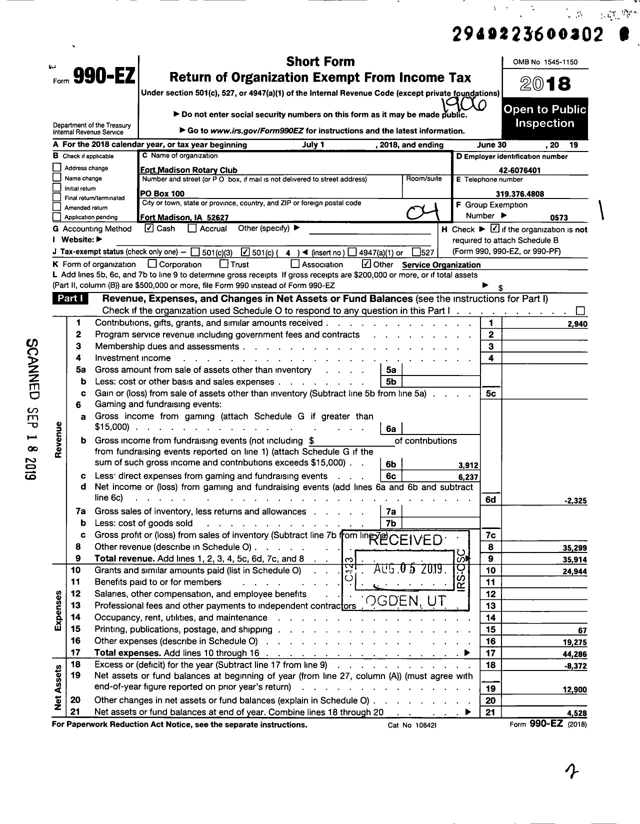 Image of first page of 2018 Form 990EO for Rotary International - Fort Madison Rotary Club