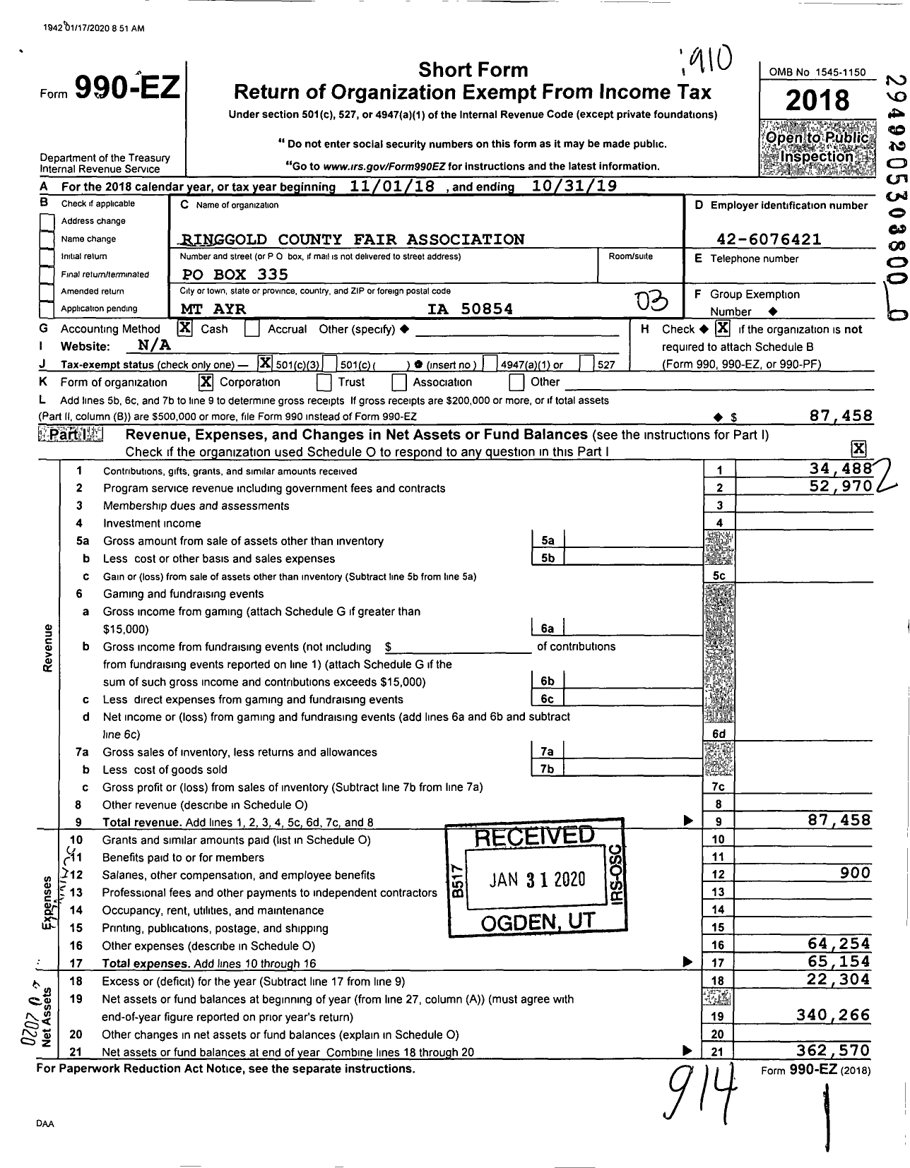 Image of first page of 2018 Form 990EZ for Ringgold County Fair Association