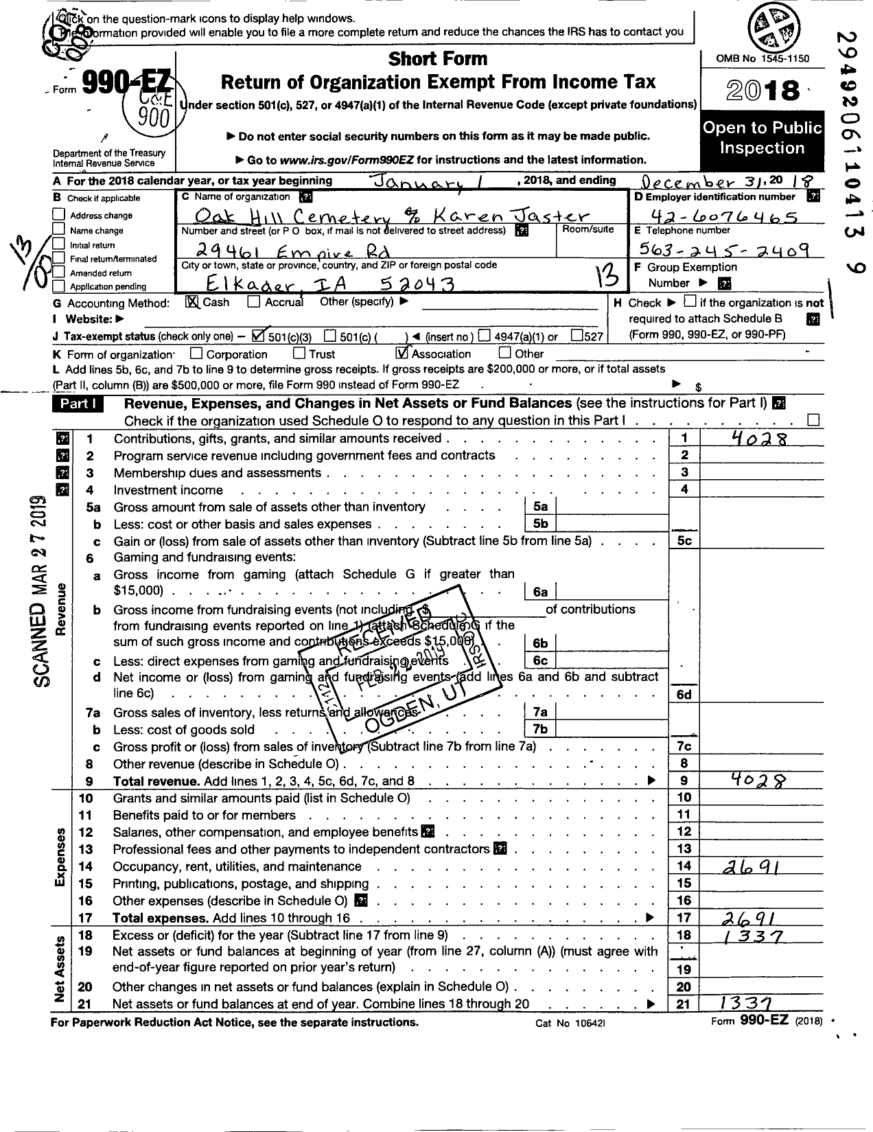 Image of first page of 2018 Form 990EO for Oak Hill Cemetery Association